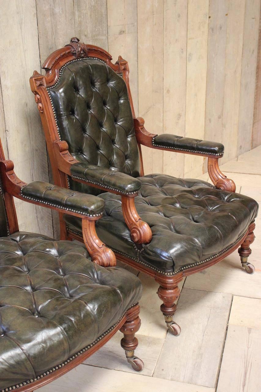 Pair of 19th Century English Library Armchairs in Leather 1