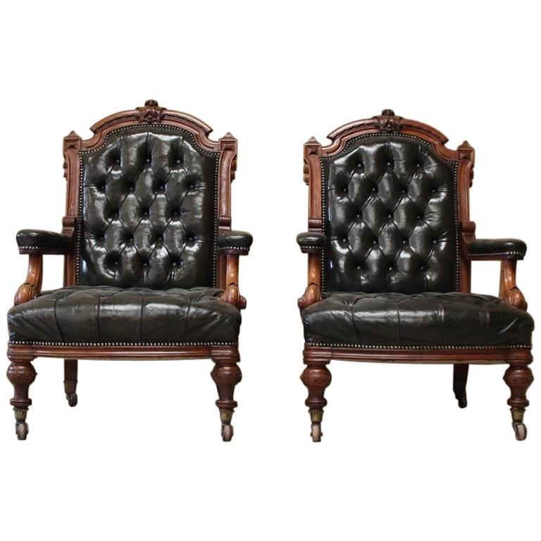 Pair of 19th Century English Library Armchairs in Leather