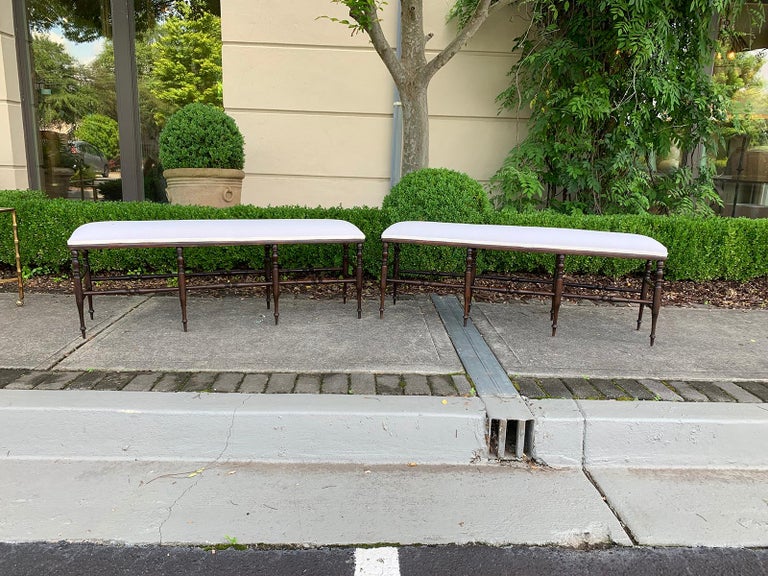 Pair Of 19th Century English Long Upholstered Benches Turned Legs