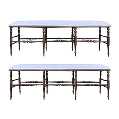 Pair of 19th Century English Long Upholstered Benches, Turned Legs, circa 1840