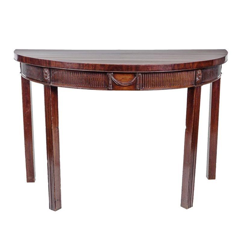 Carved Pair of 19th Century English Mahogany Demilune Tables For Sale