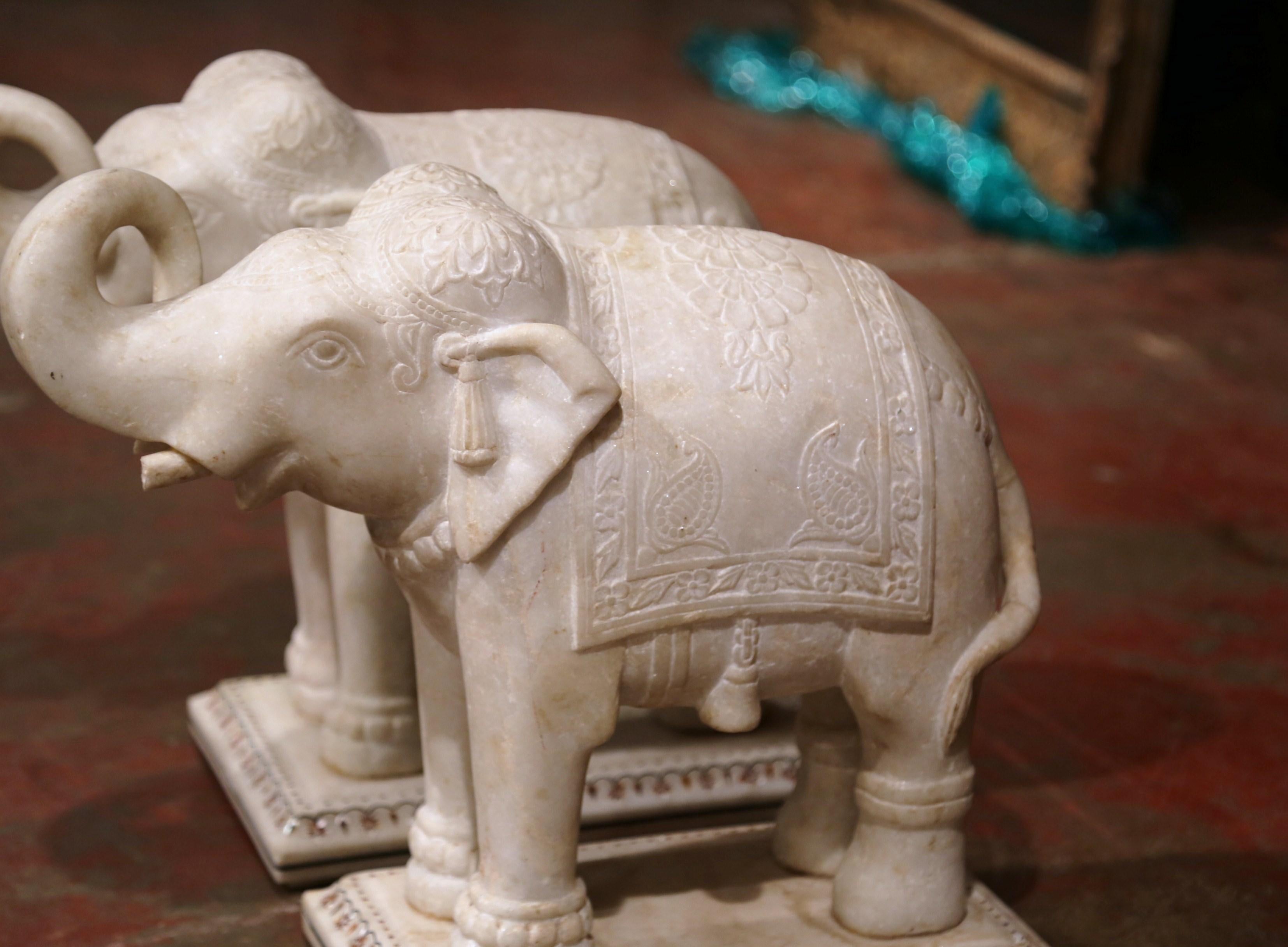 Hand-Carved Pair of 19th Century English Carved White Marble Elephants Sculptures