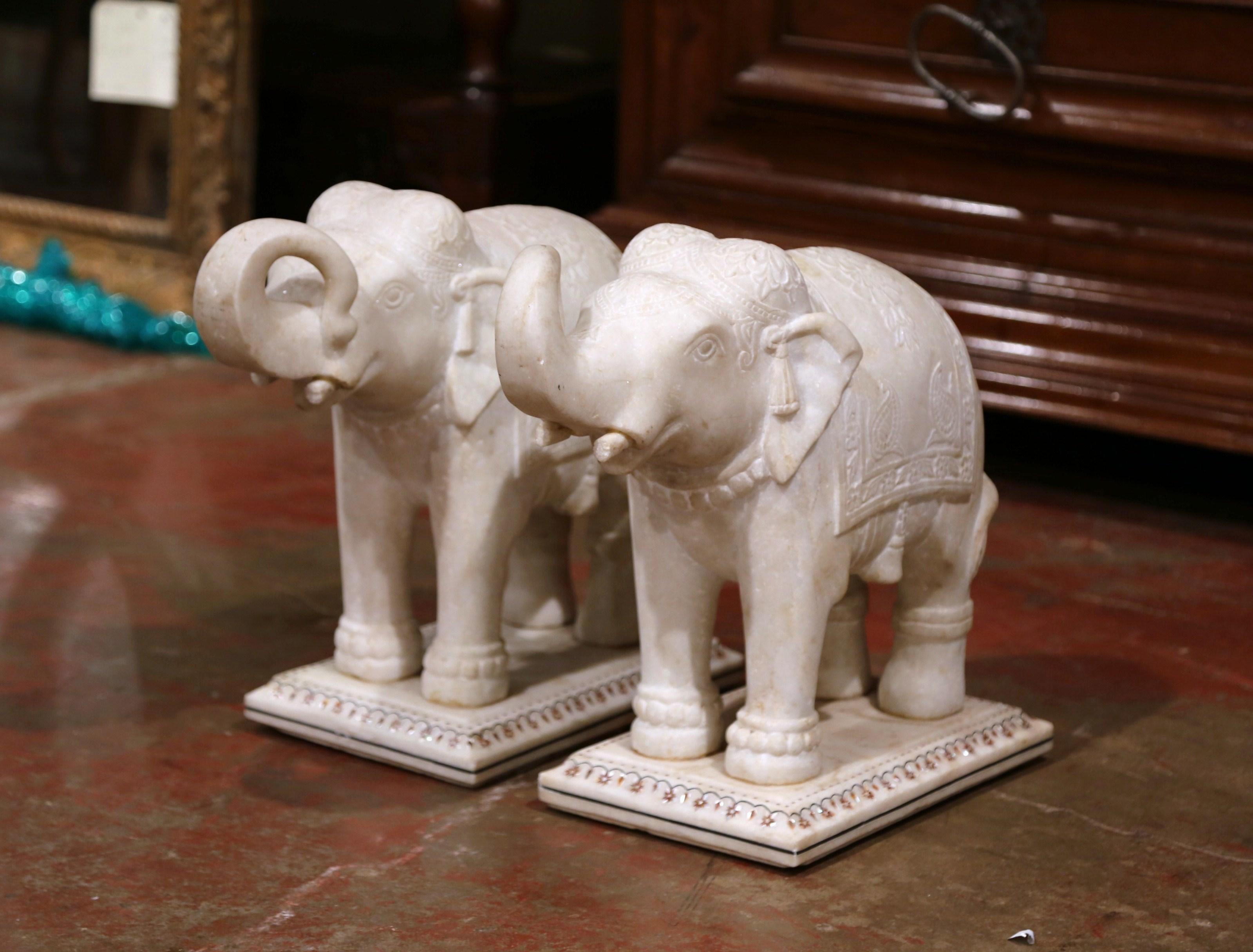 Mother-of-Pearl Pair of 19th Century English Carved White Marble Elephants Sculptures