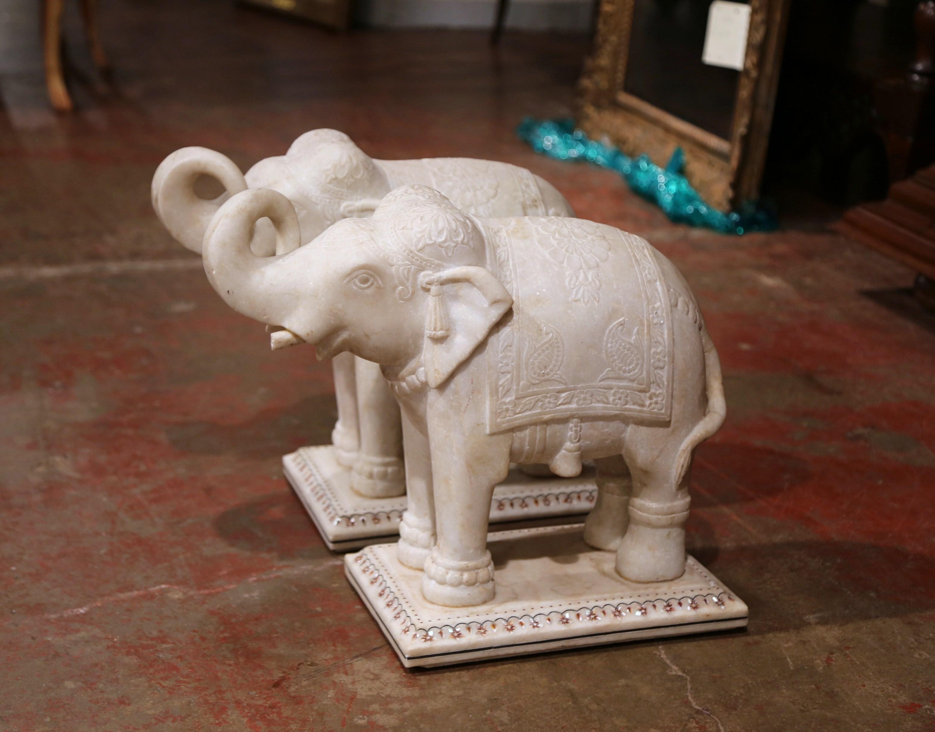 Pair of 19th Century English Carved White Marble Elephants Sculptures 2