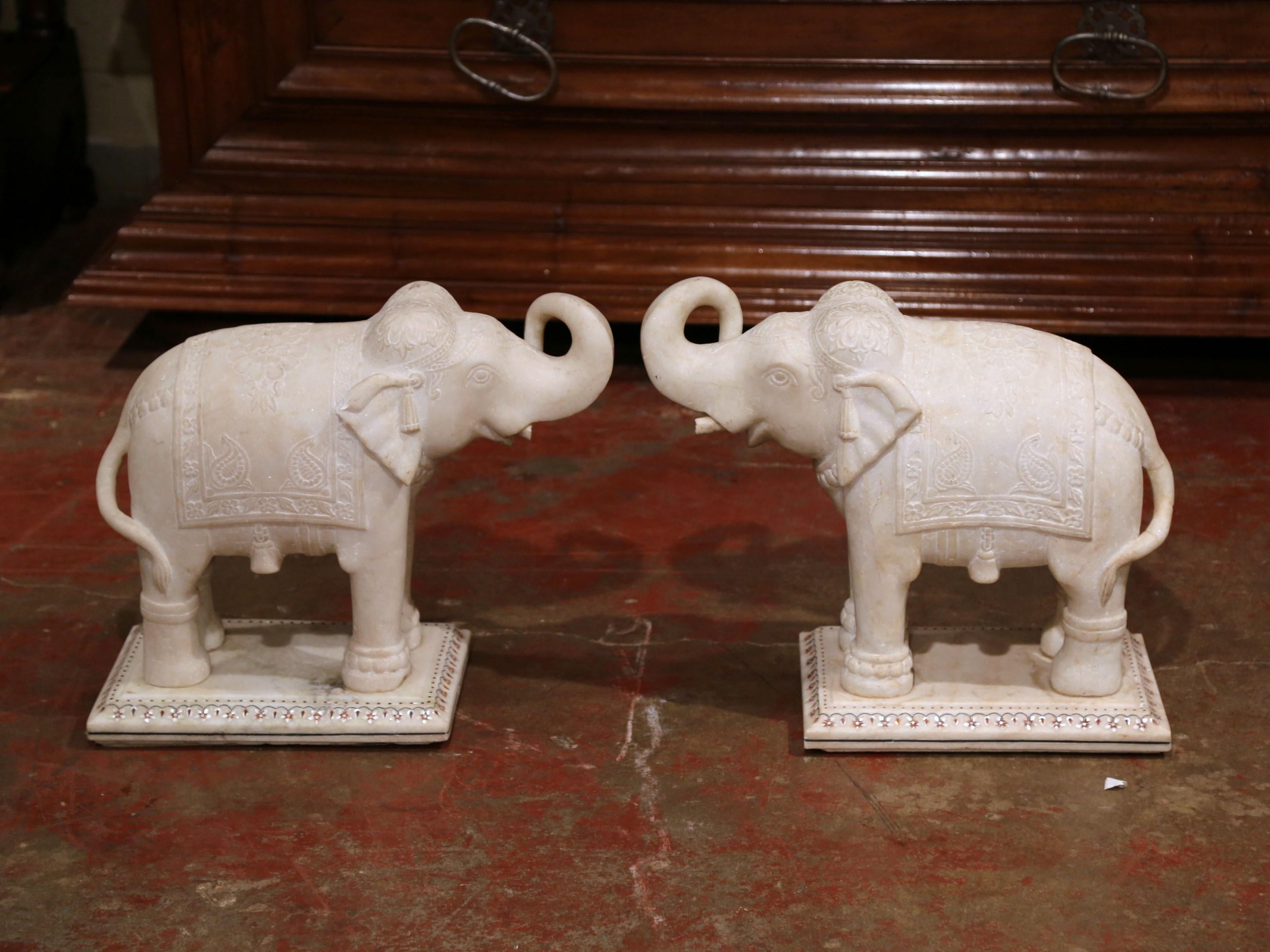 Pair of 19th Century English Carved White Marble Elephants Sculptures 3