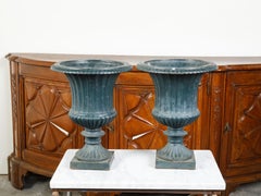 Pair of 19th Century English Medici Urn Planters on Petite Square Bases