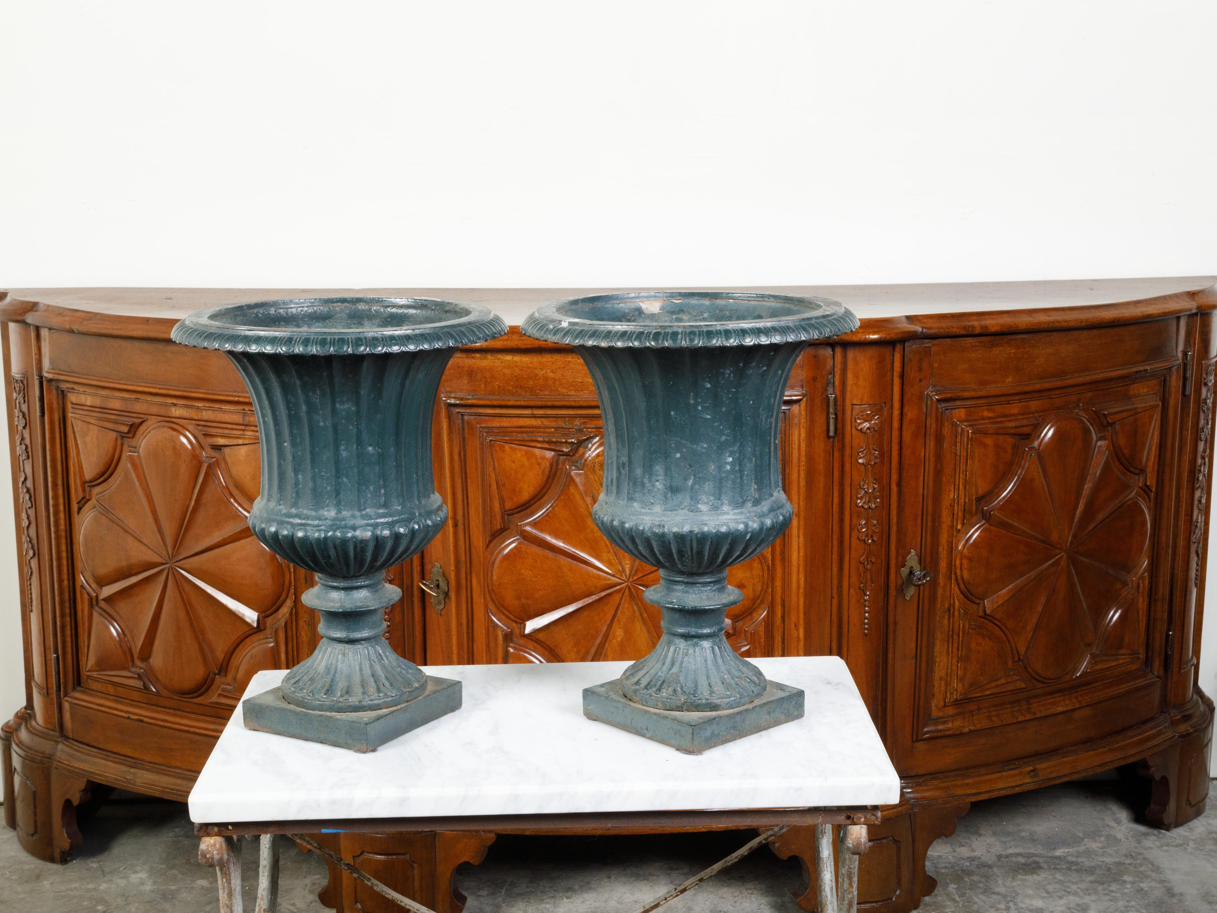 Pair of 19th Century English Medici Urn Planters on Petite Square Bases For Sale 2
