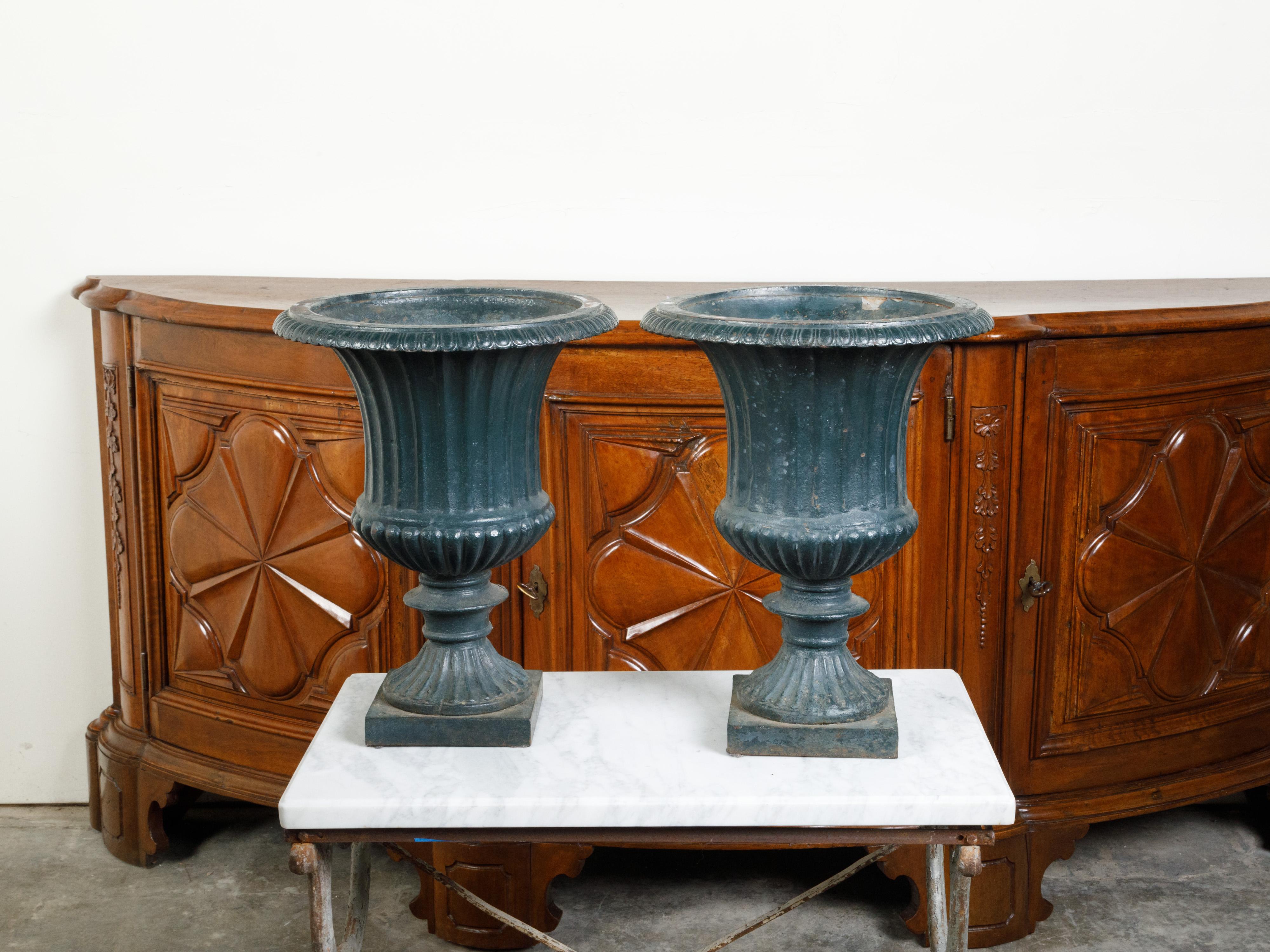 Pair of 19th Century English Medici Urn Planters on Petite Square Bases For Sale 3