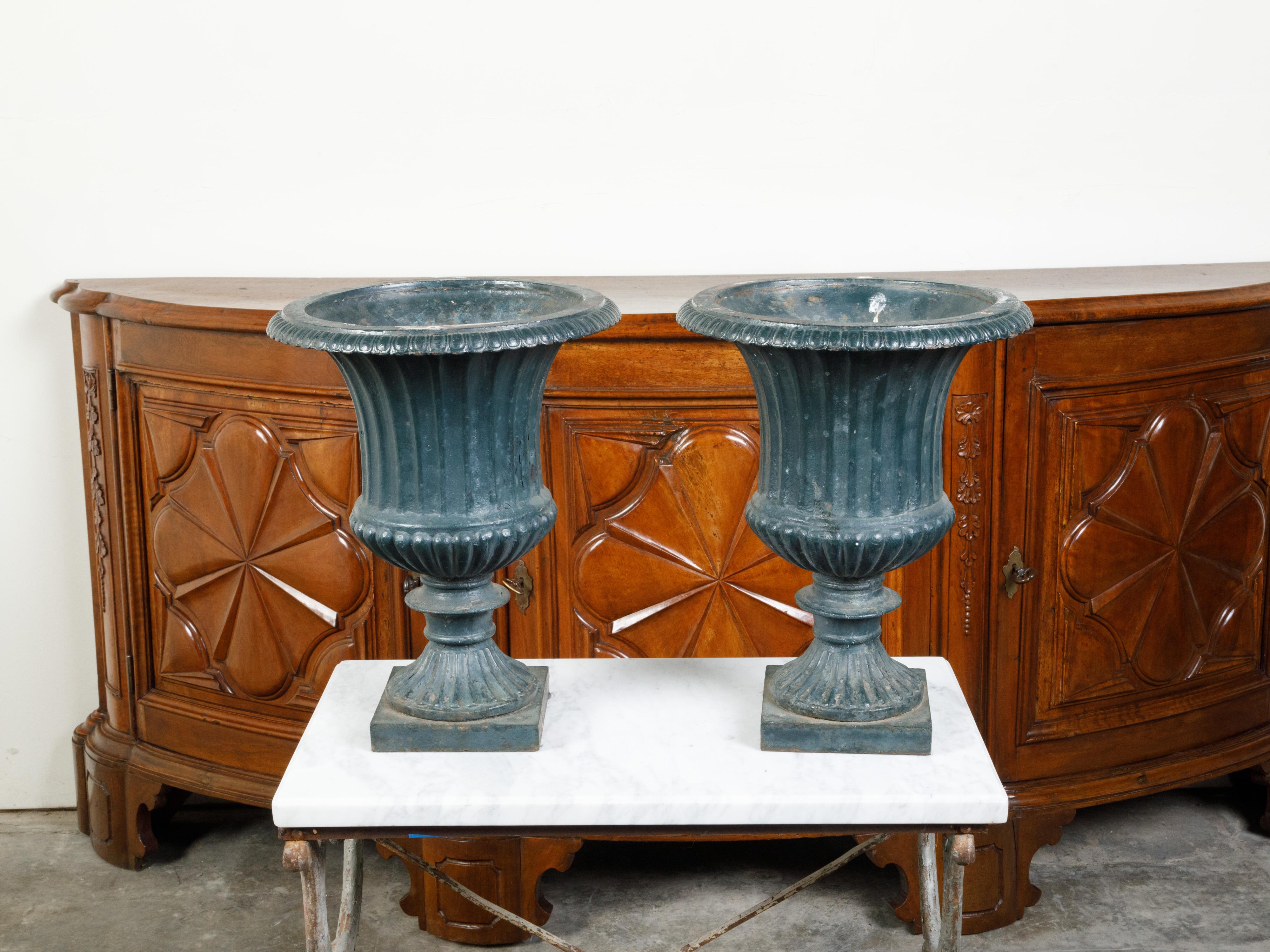 Pair of 19th Century English Medici Urn Planters on Petite Square Bases For Sale 4
