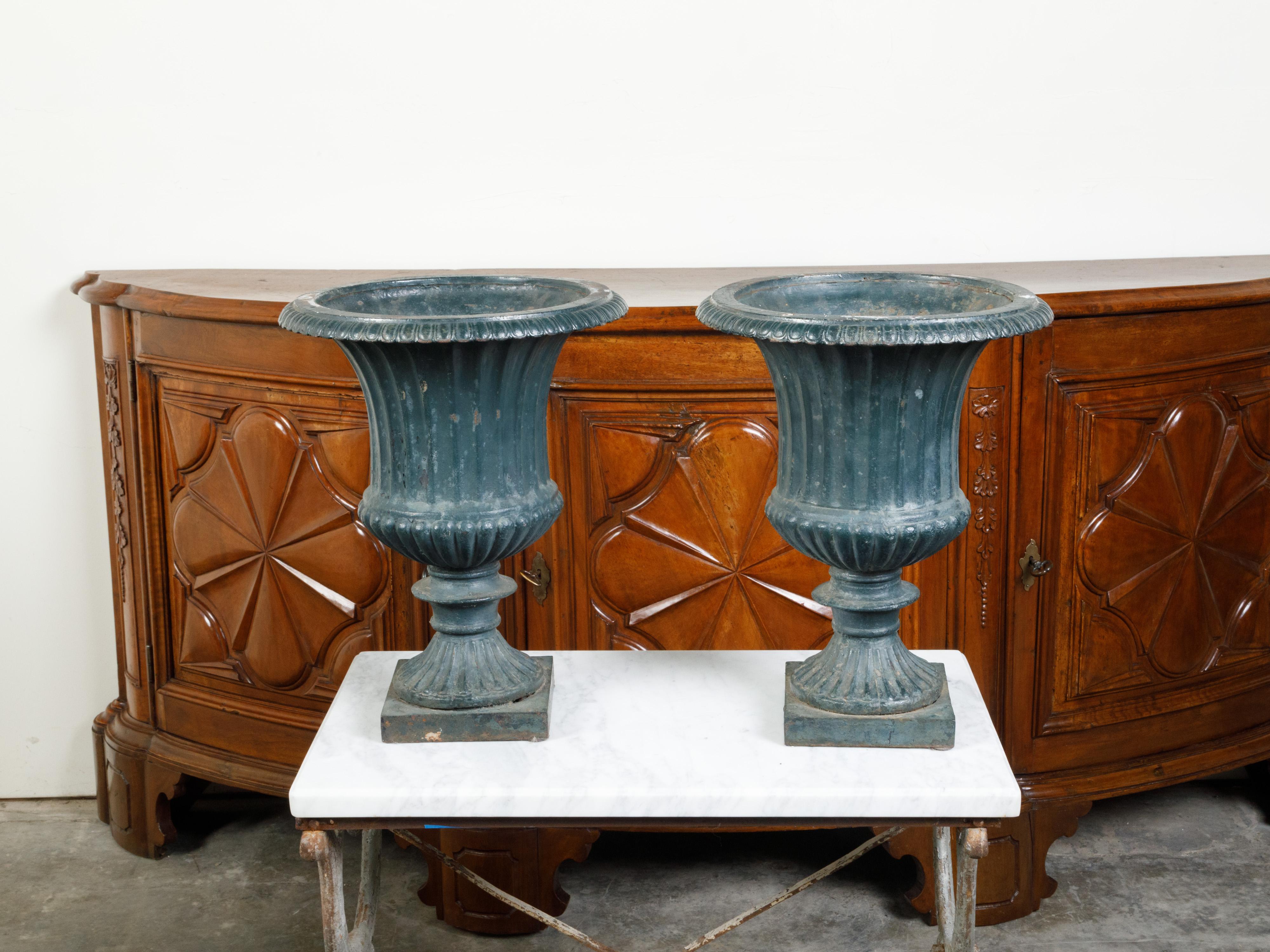 Pair of 19th Century English Medici Urn Planters on Petite Square Bases For Sale 5