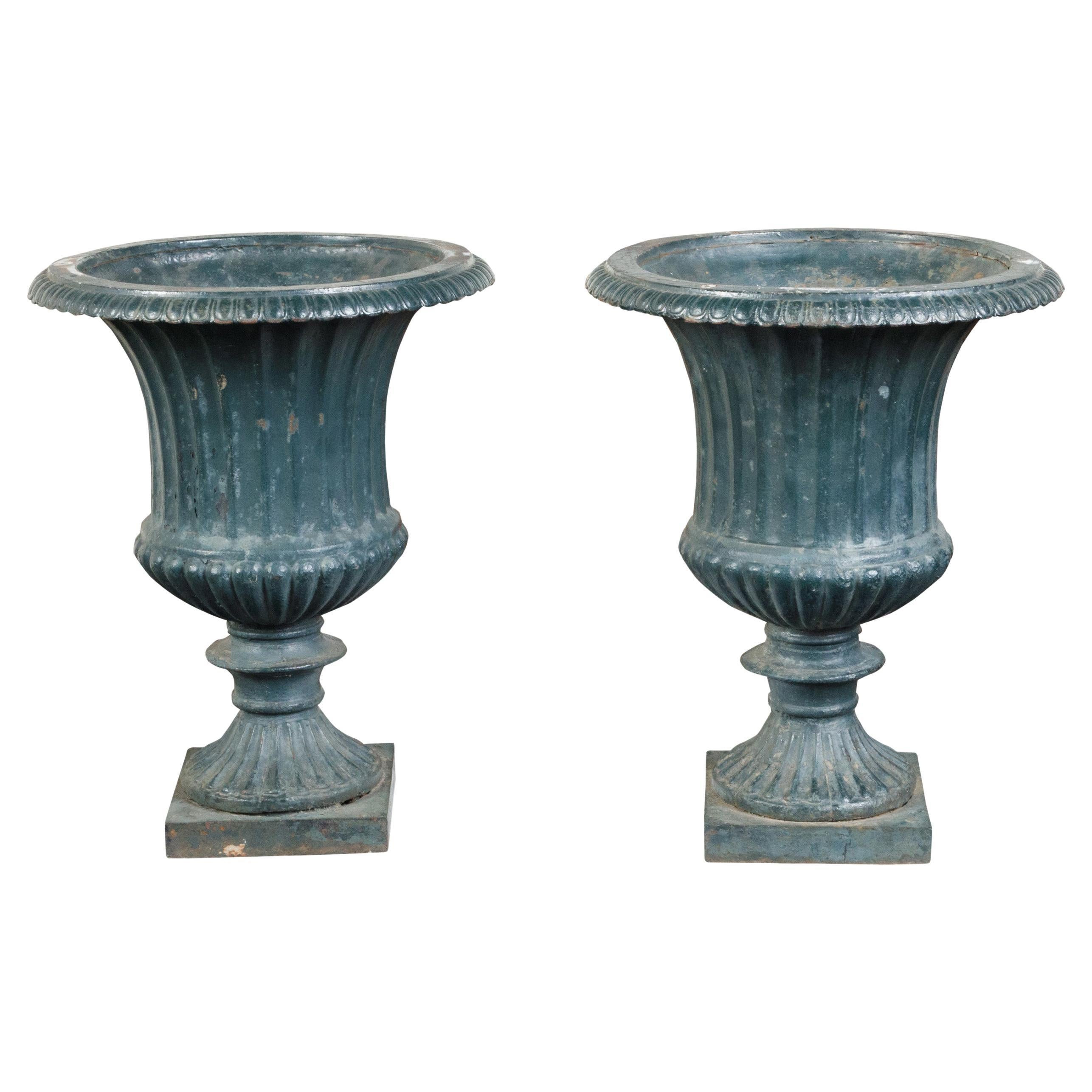 Pair of 19th Century English Medici Urn Planters on Petite Square Bases For Sale