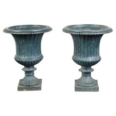 Used Pair of 19th Century English Medici Urn Planters on Petite Square Bases