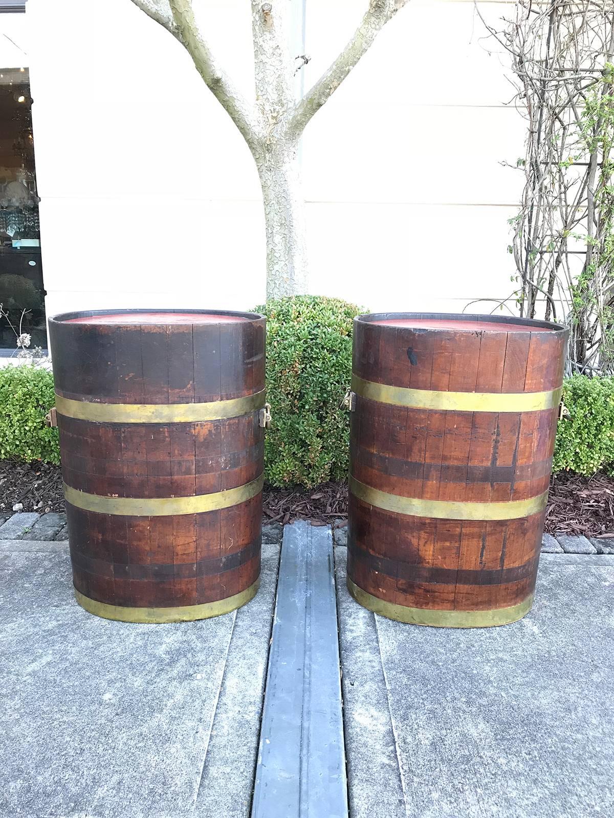 Pair of 19th century English oak barrels as tables.