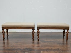 Pair of 19th Century English Oak Benches with Linen Upholstery and Turned Legs