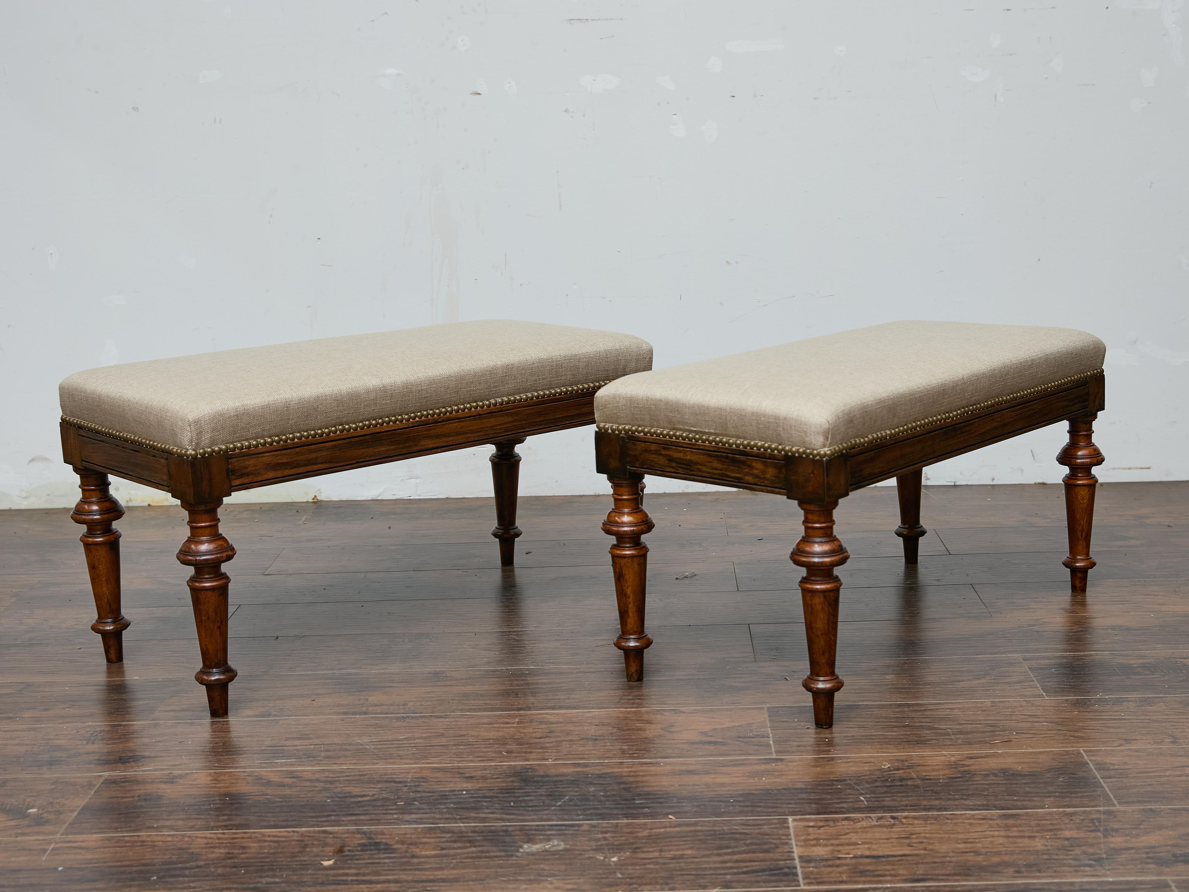 Pair of 19th Century English Oak Benches with Linen Upholstery and Turned Legs In Good Condition For Sale In Atlanta, GA