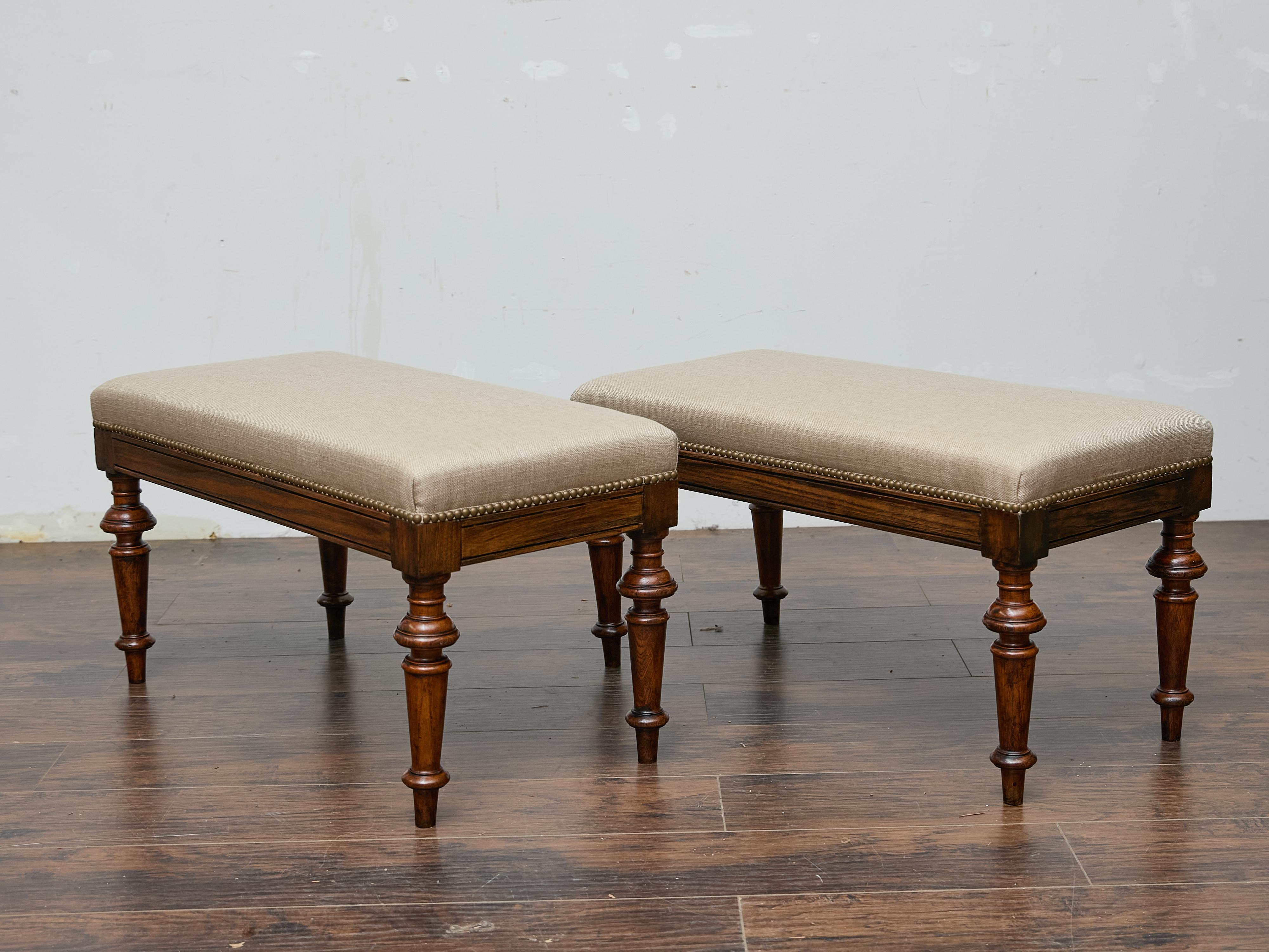 Brass Pair of 19th Century English Oak Benches with Linen Upholstery and Turned Legs For Sale
