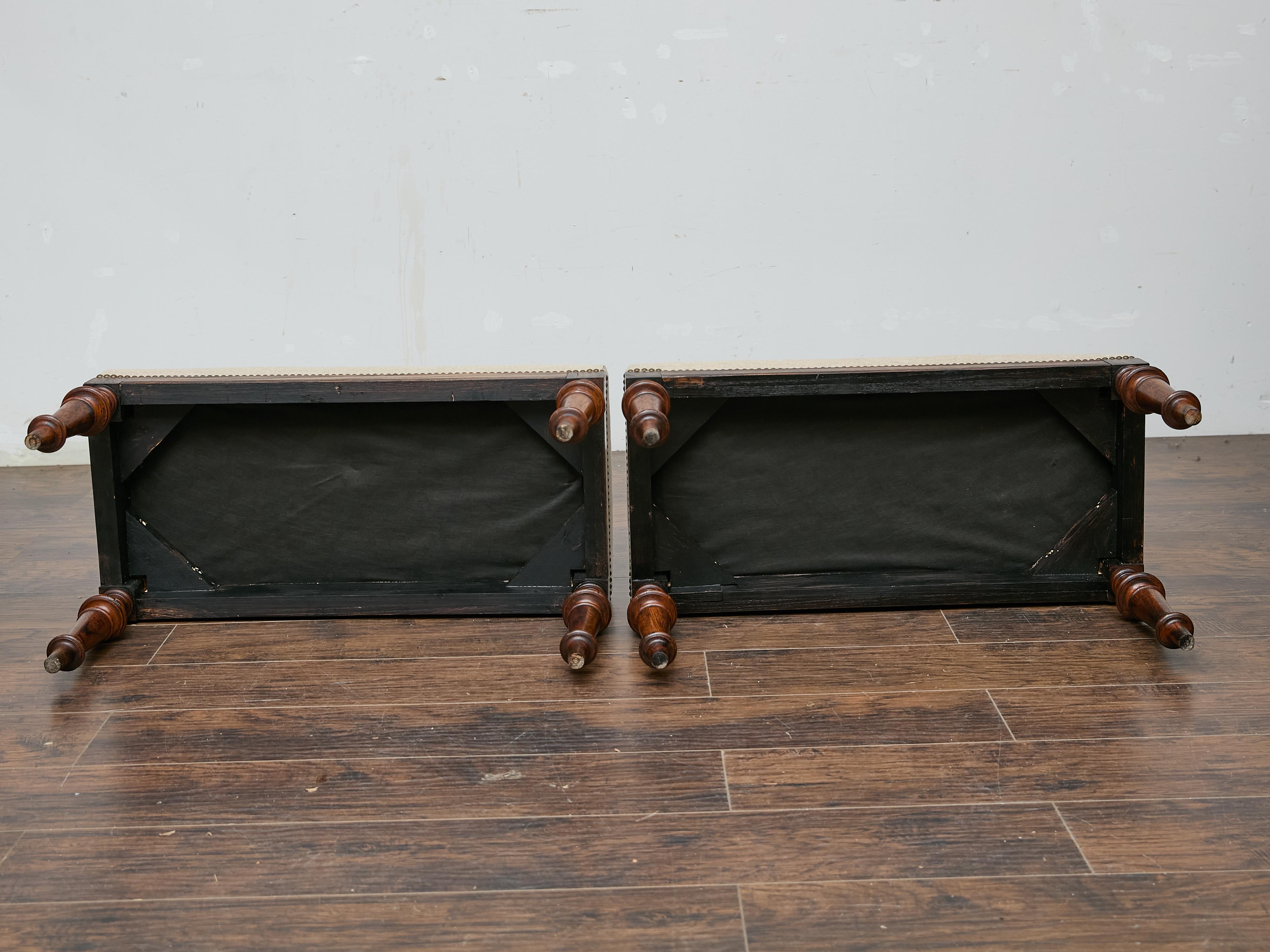 Pair of 19th Century English Oak Benches with Linen Upholstery and Turned Legs For Sale 1