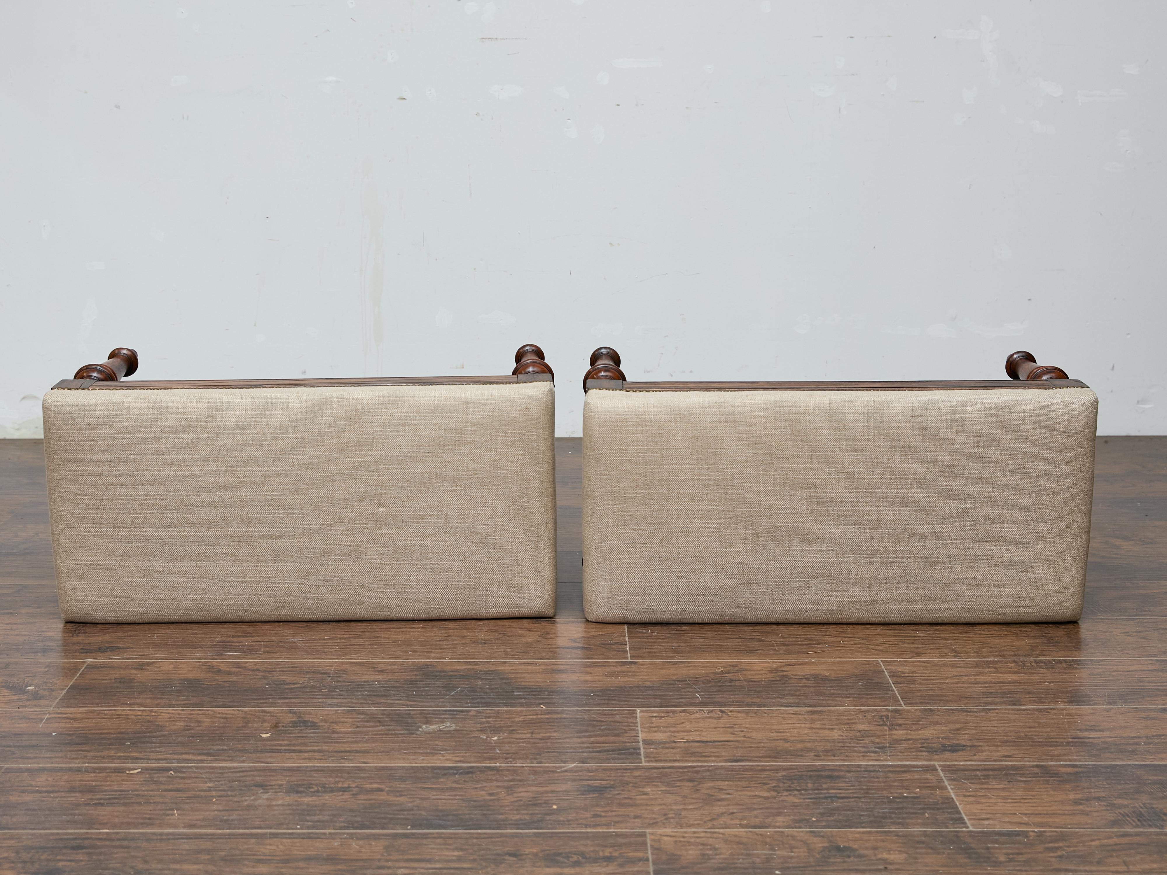 Pair of 19th Century English Oak Benches with Linen Upholstery and Turned Legs For Sale 2