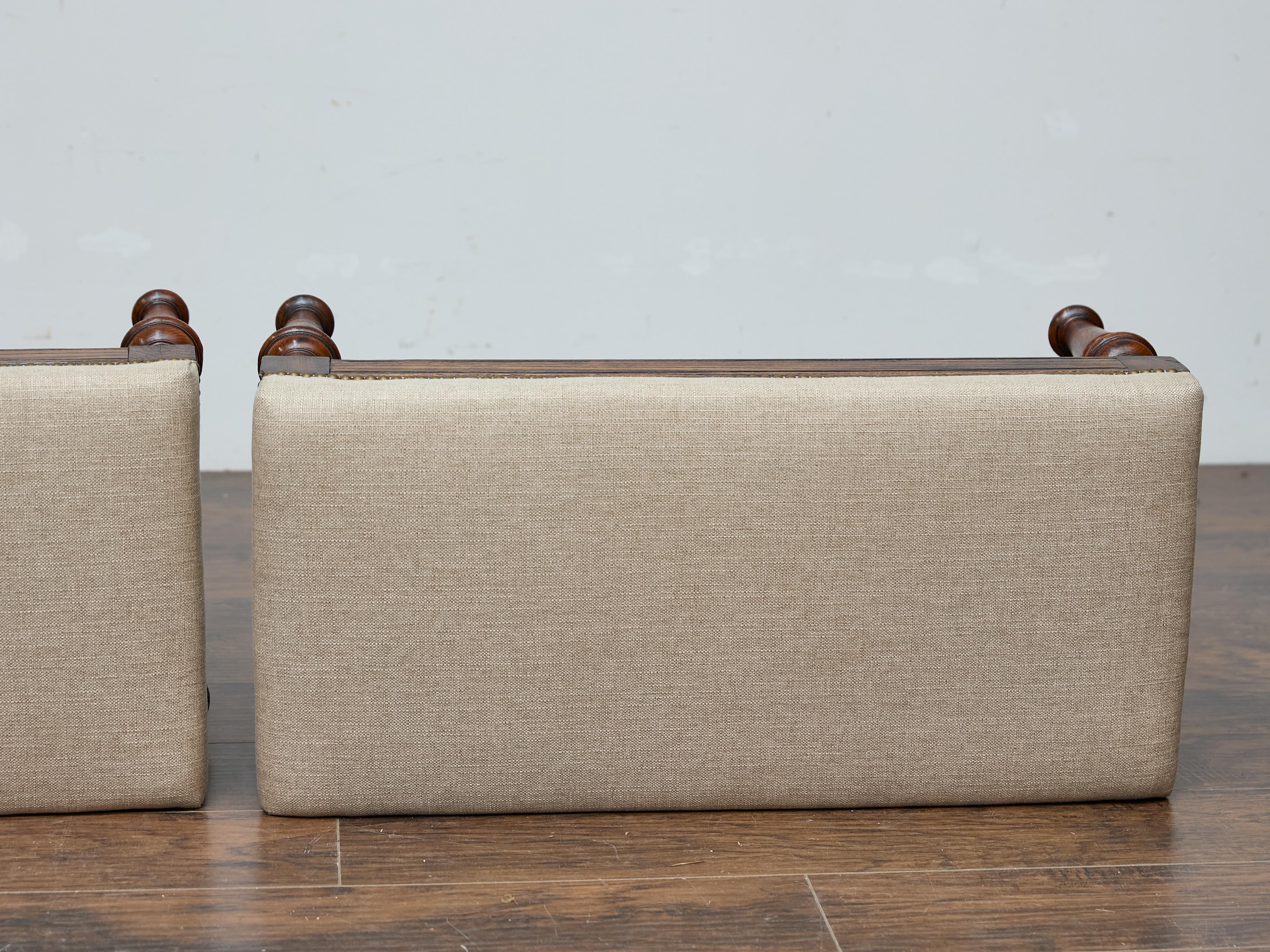 Pair of 19th Century English Oak Benches with Linen Upholstery and Turned Legs For Sale 4