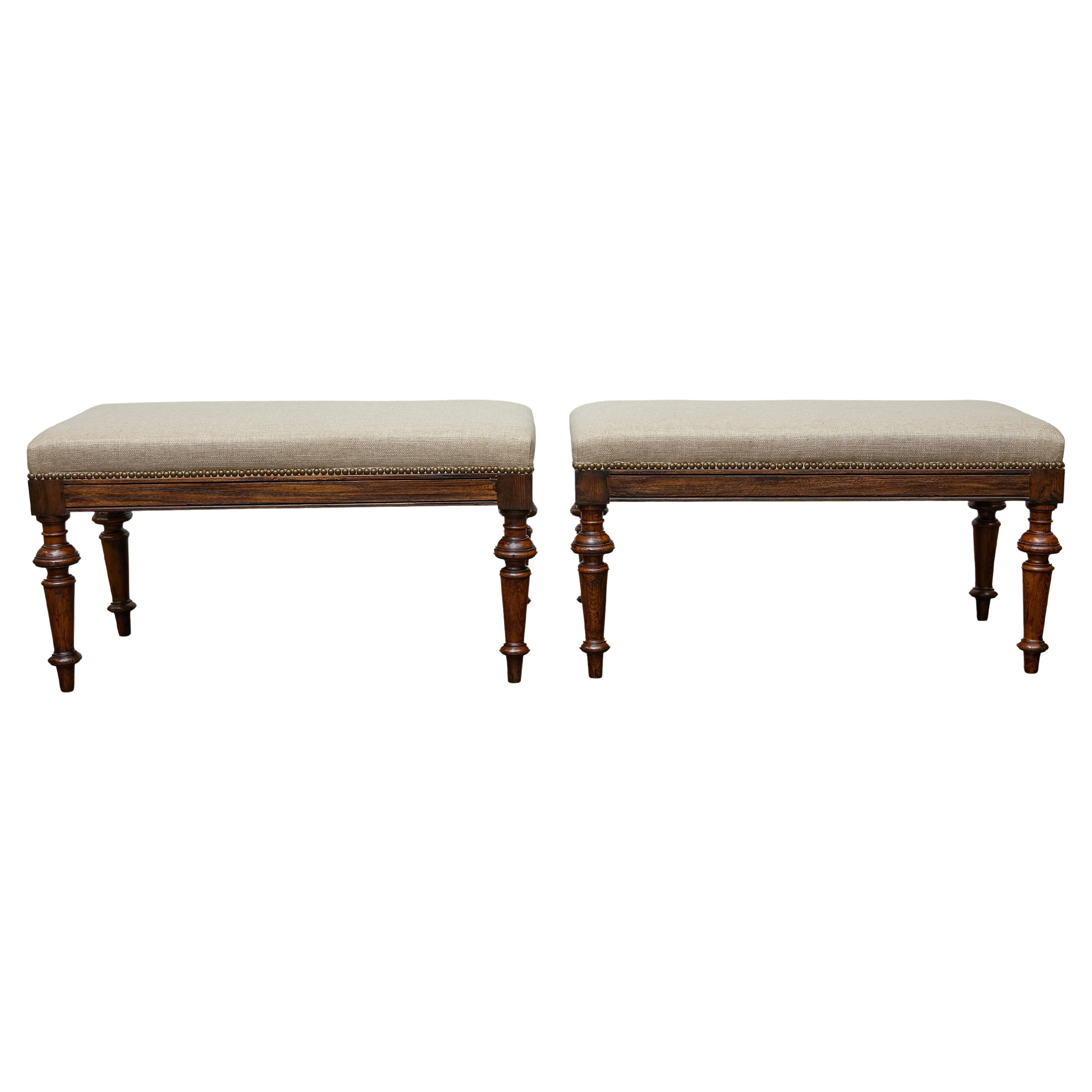 Pair of 19th Century English Oak Benches with Linen Upholstery and Turned Legs For Sale