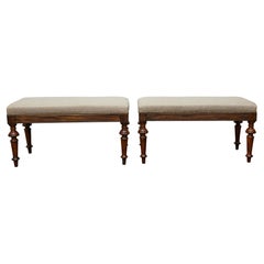 Pair of 19th Century English Oak Benches with Linen Upholstery and Turned Legs