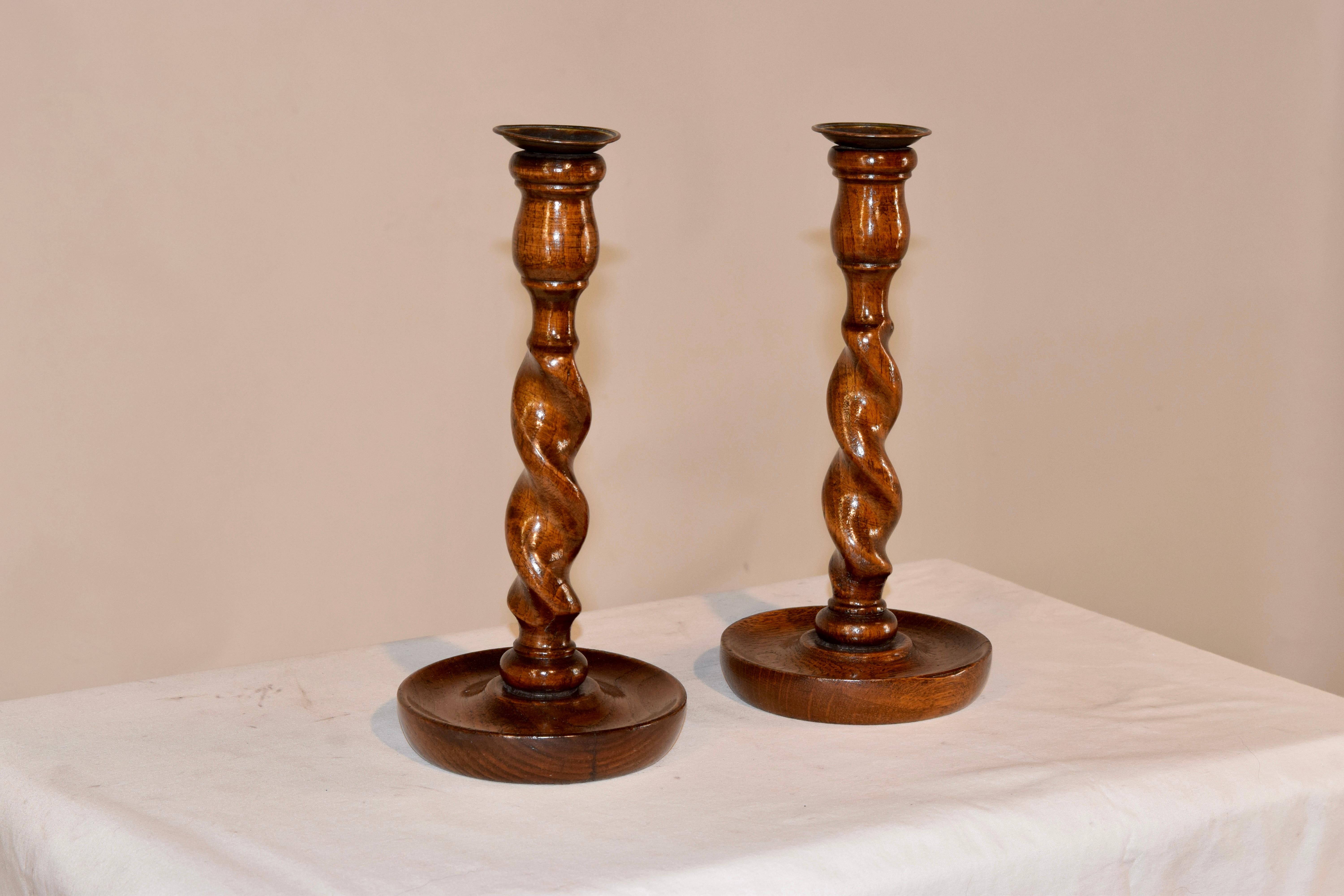 Victorian Pair of 19th Century English Oak Candlesticks