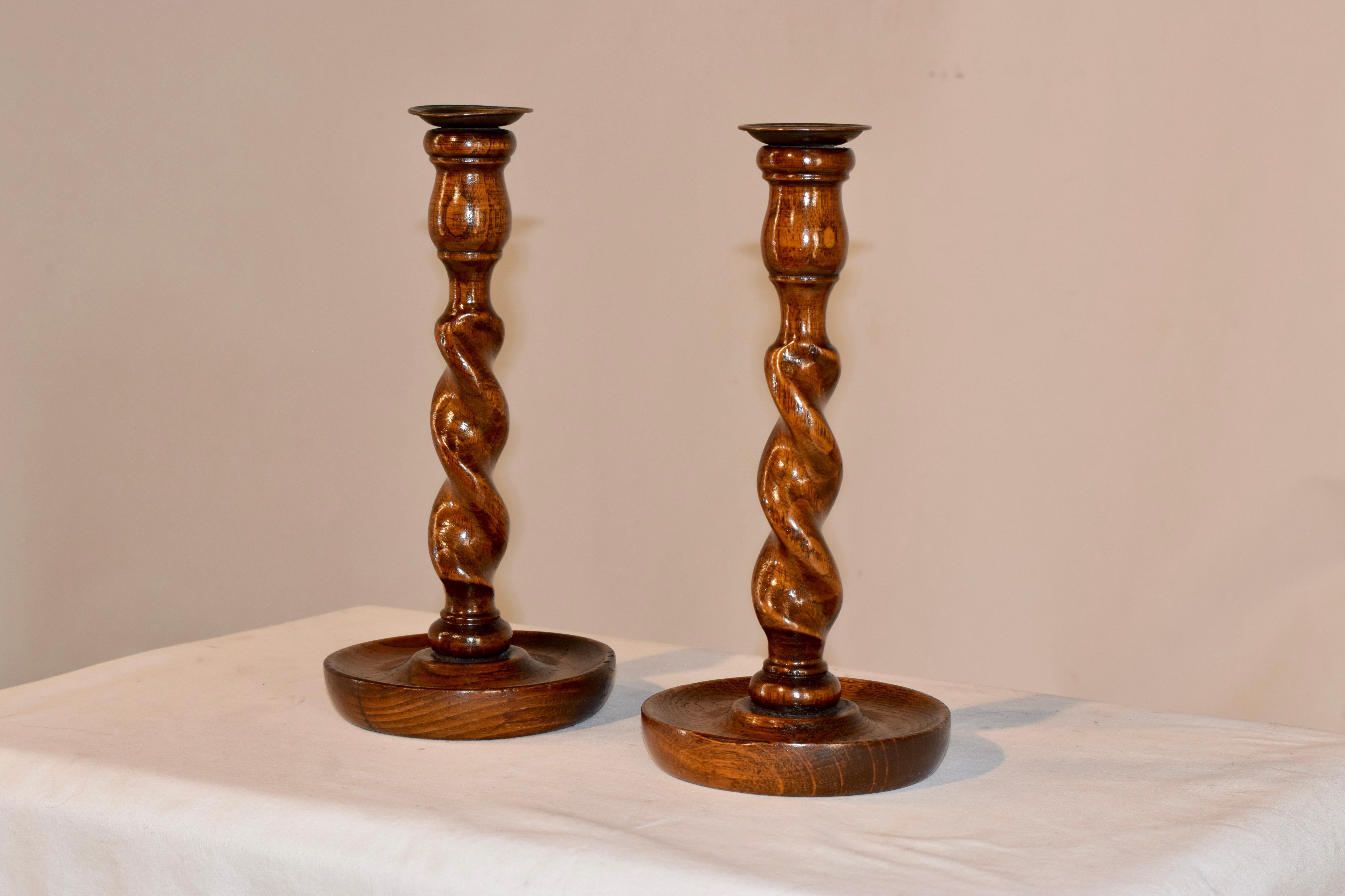 Turned Pair of 19th Century English Oak Candlesticks