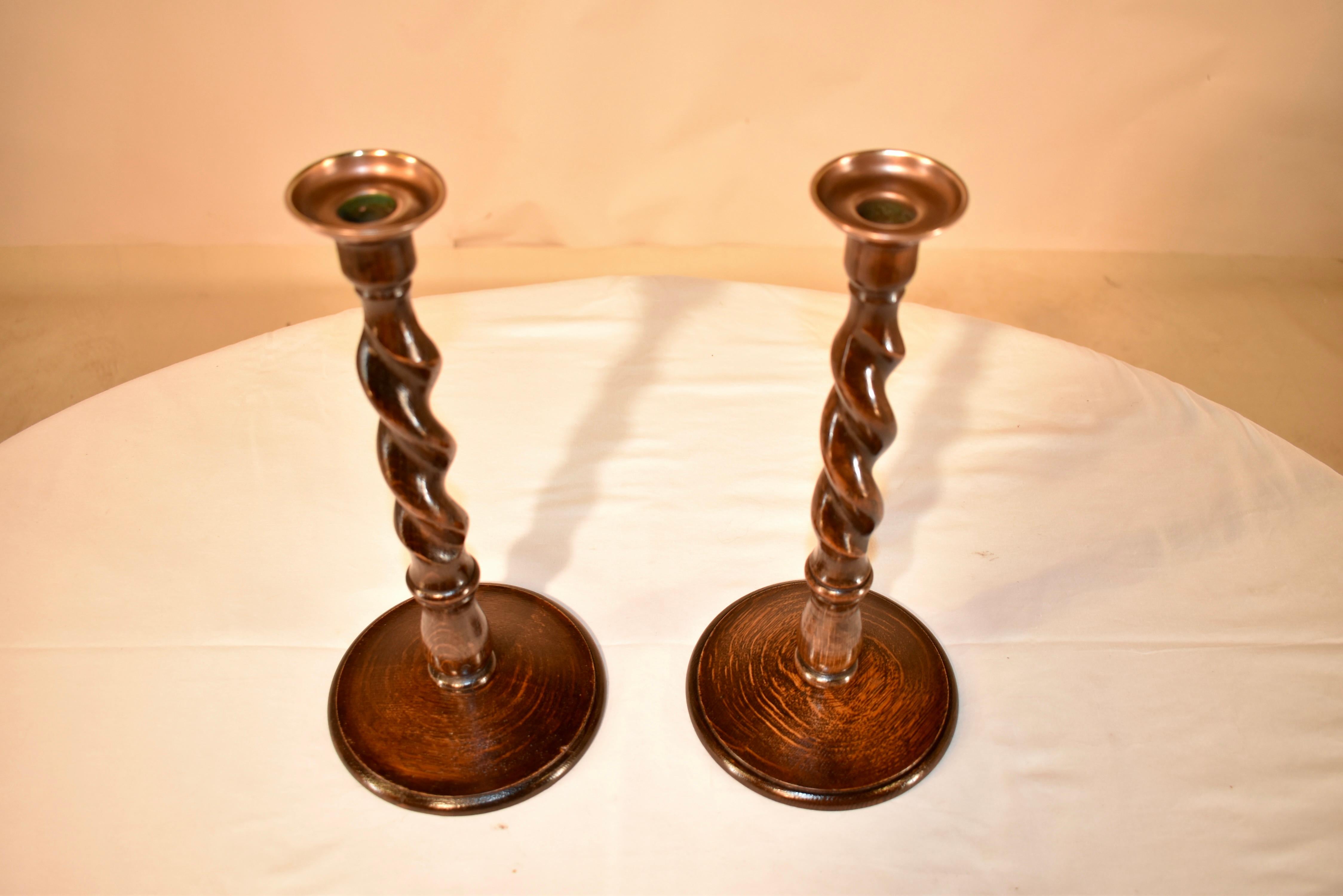 Brass Pair of 19th Century English Oak Candlesticks For Sale