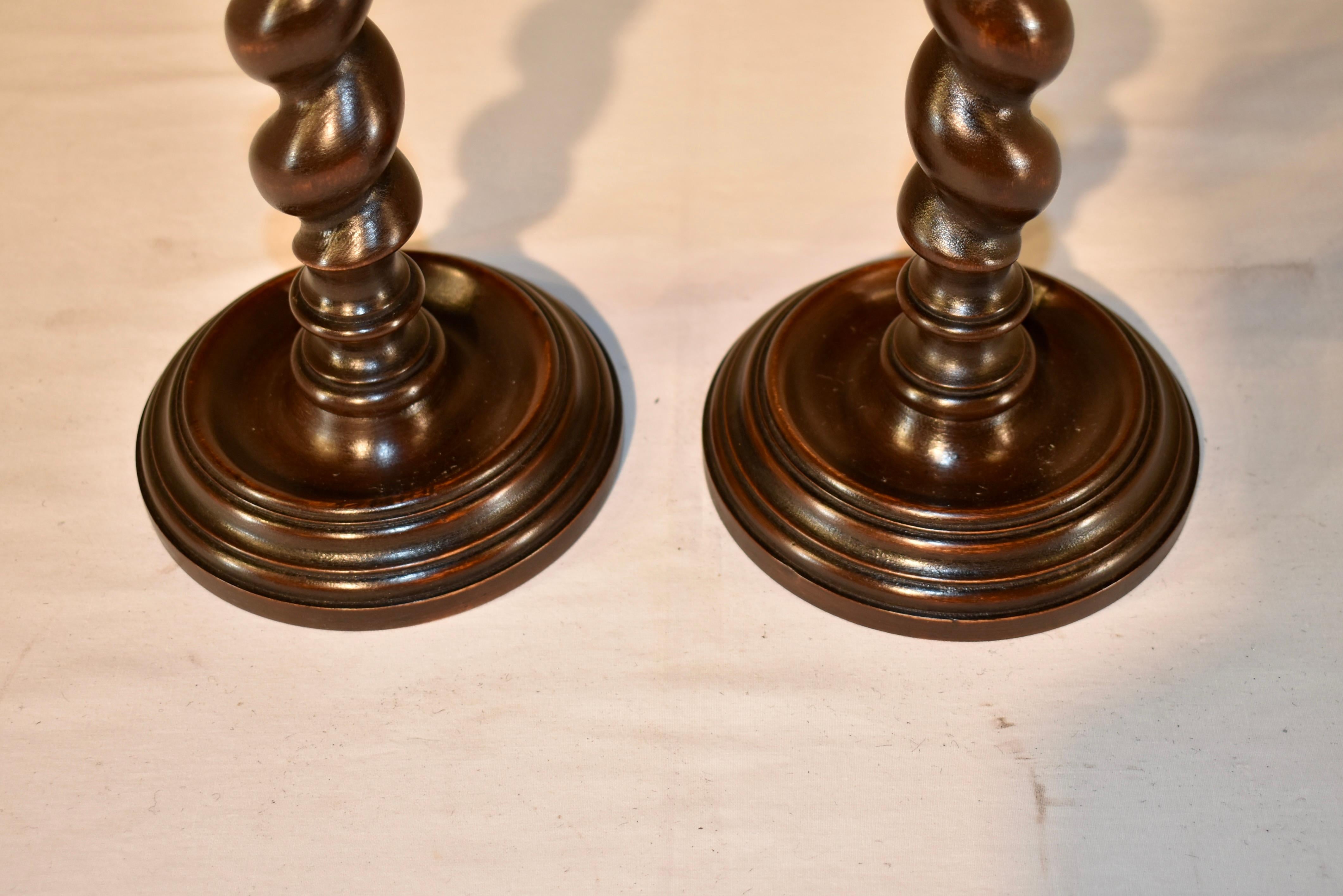 Brass Pair of 19th Century English Oak Candlesticks For Sale