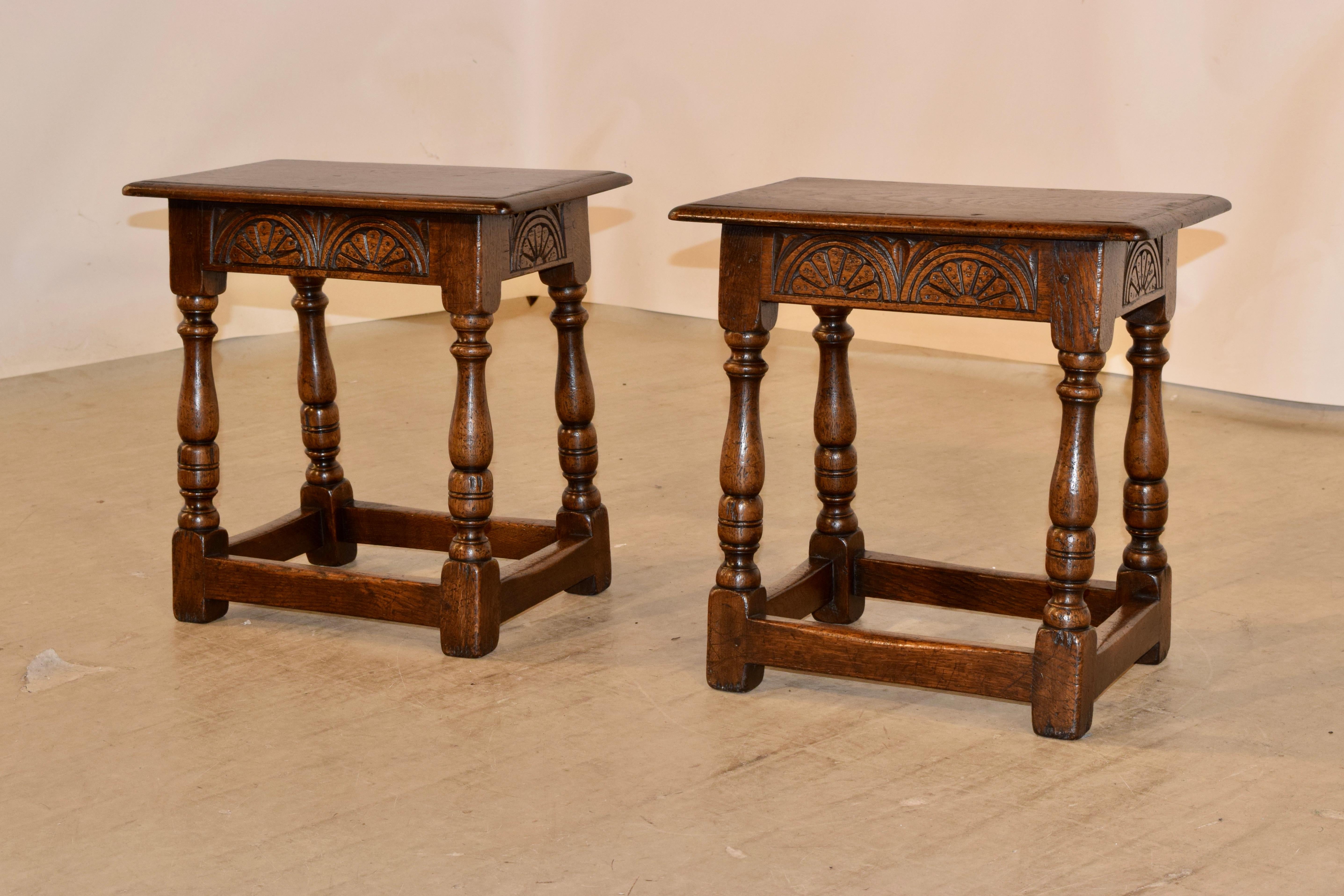 Hand-Carved Pair of 19th Century English Oak Joint Stools