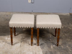 Pair of 19th Century English Oak Stools with Custom Linen Upholstery