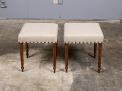Pair of 19th Century English Oak Stools with Custom Linen Upholstery