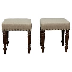 Antique Pair of 19th Century English Oak Stools with Custom Linen Upholstery