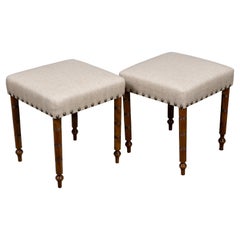 Pair of 19th Century English Oak Stools with Custom Linen Upholstery