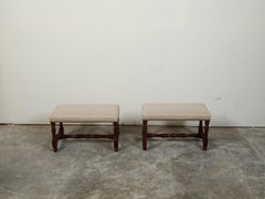 Pair of 19th Century English Oak Benches with Turned Bases and New Upholstery