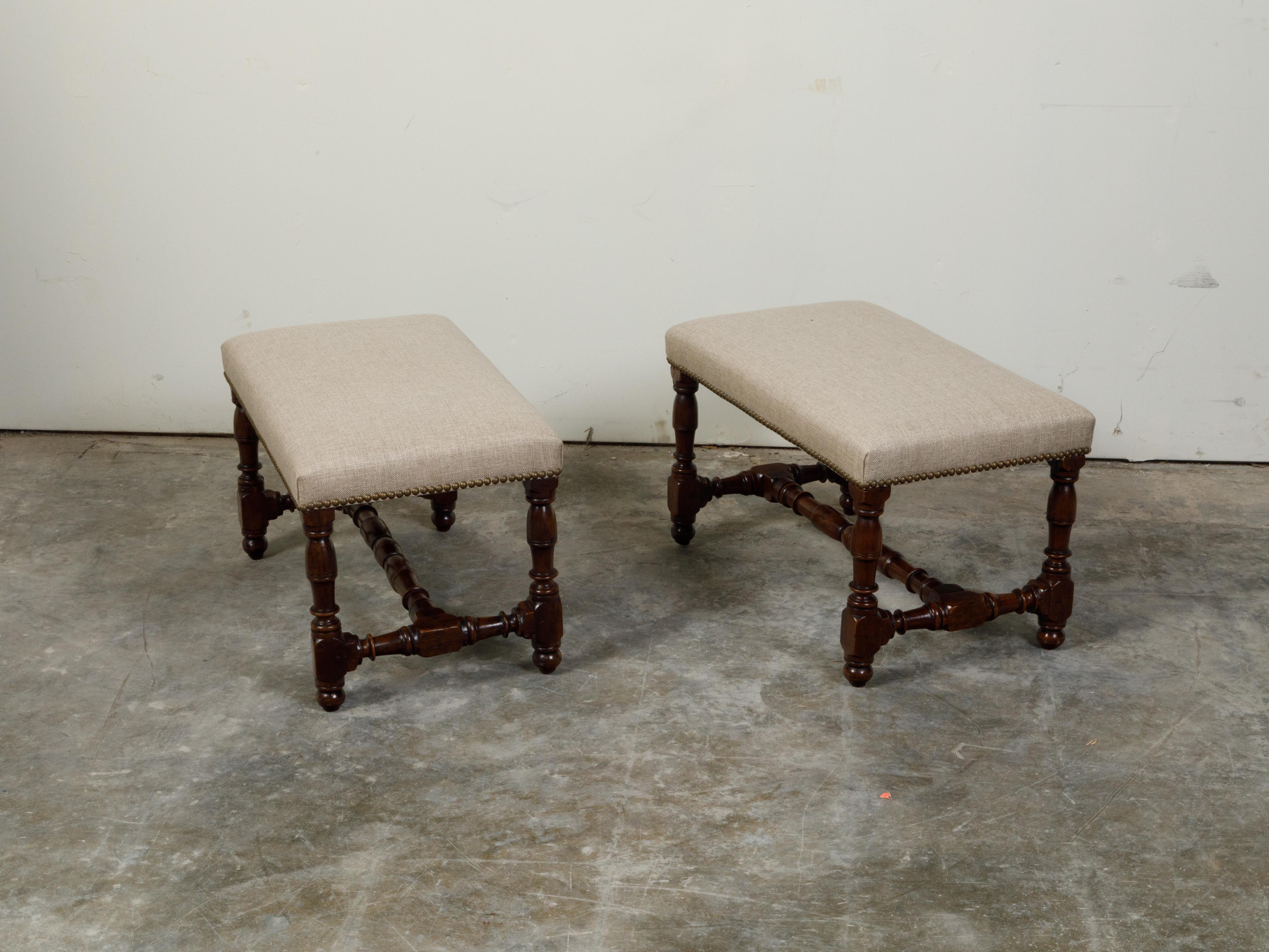 Pair of 19th Century English Oak Benches with Turned Bases and New Upholstery In Good Condition In Atlanta, GA
