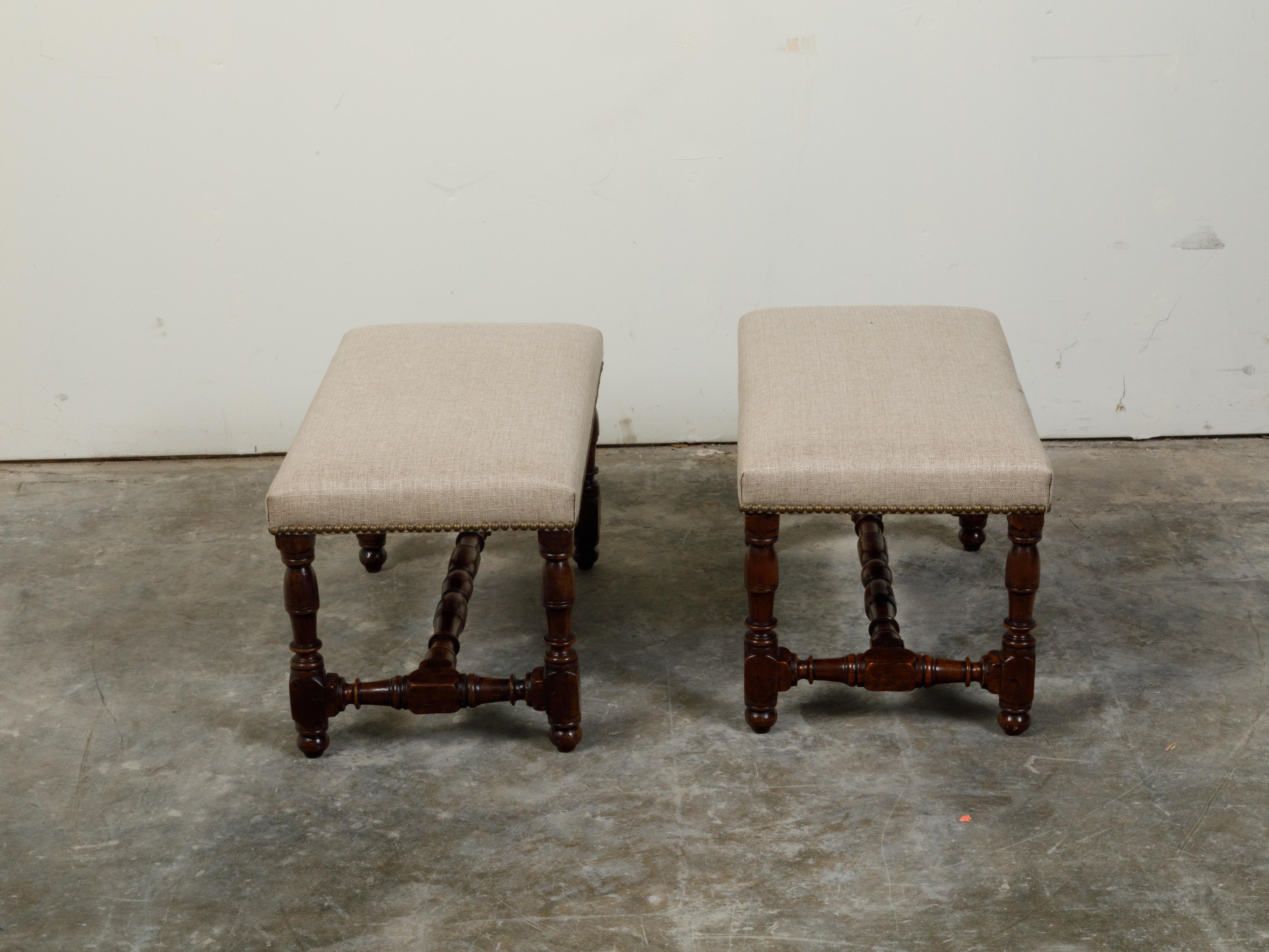 Brass Pair of 19th Century English Oak Benches with Turned Bases and New Upholstery