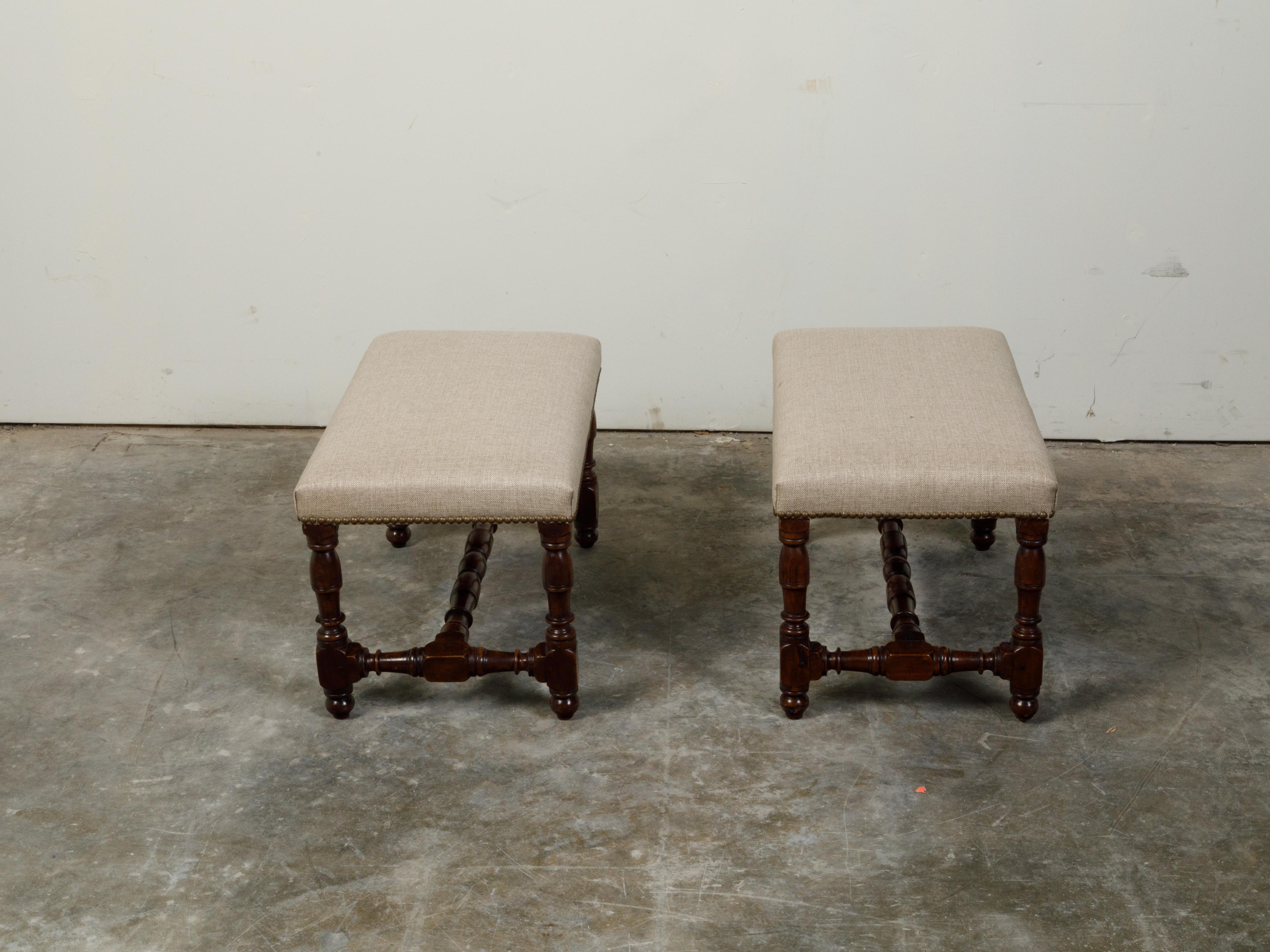 Pair of 19th Century English Oak Benches with Turned Bases and New Upholstery 2