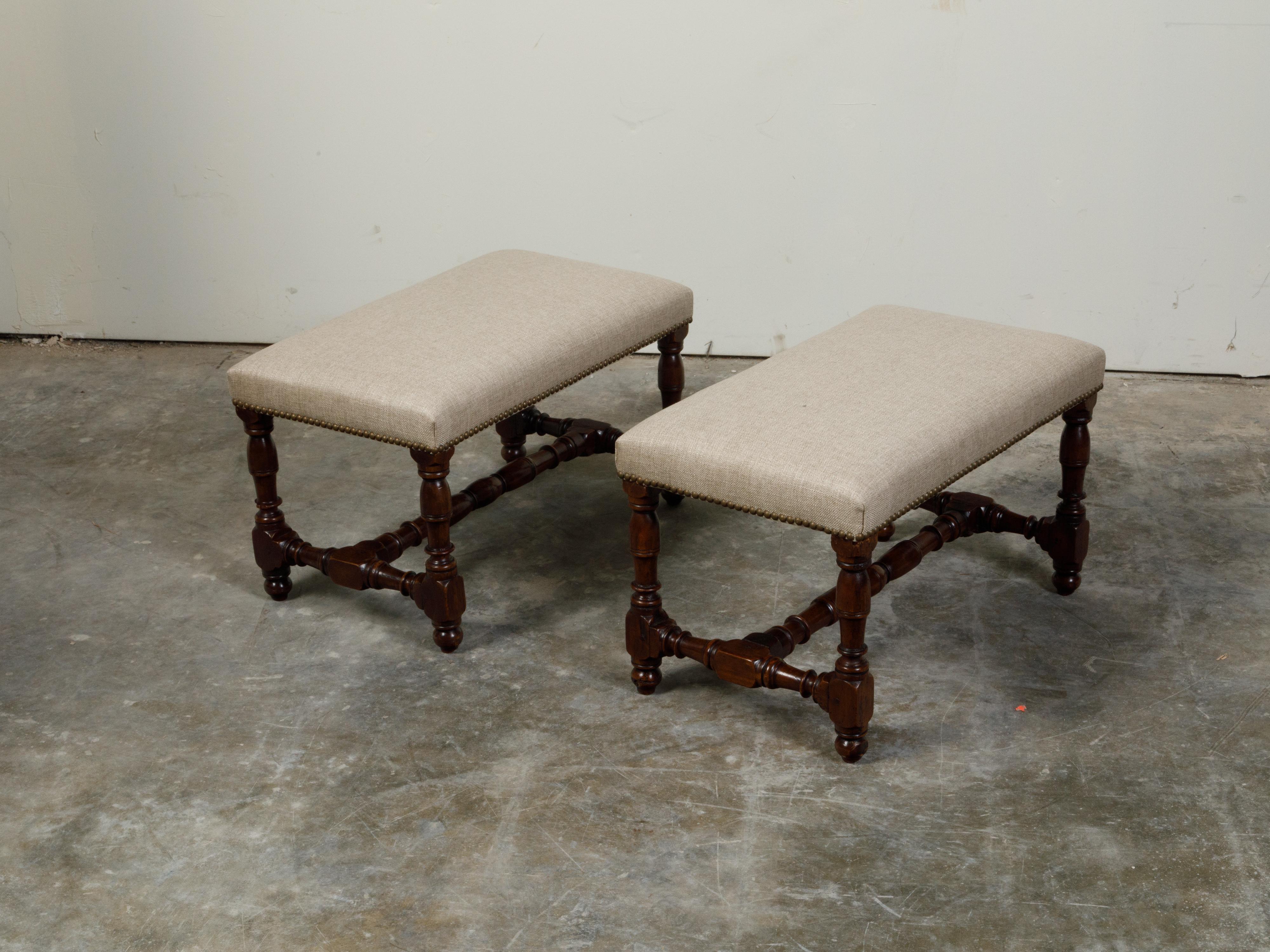 Pair of 19th Century English Oak Benches with Turned Bases and New Upholstery 3
