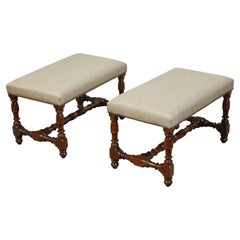 Antique Pair of 19th Century English Oak Benches with Turned Bases and New Upholstery