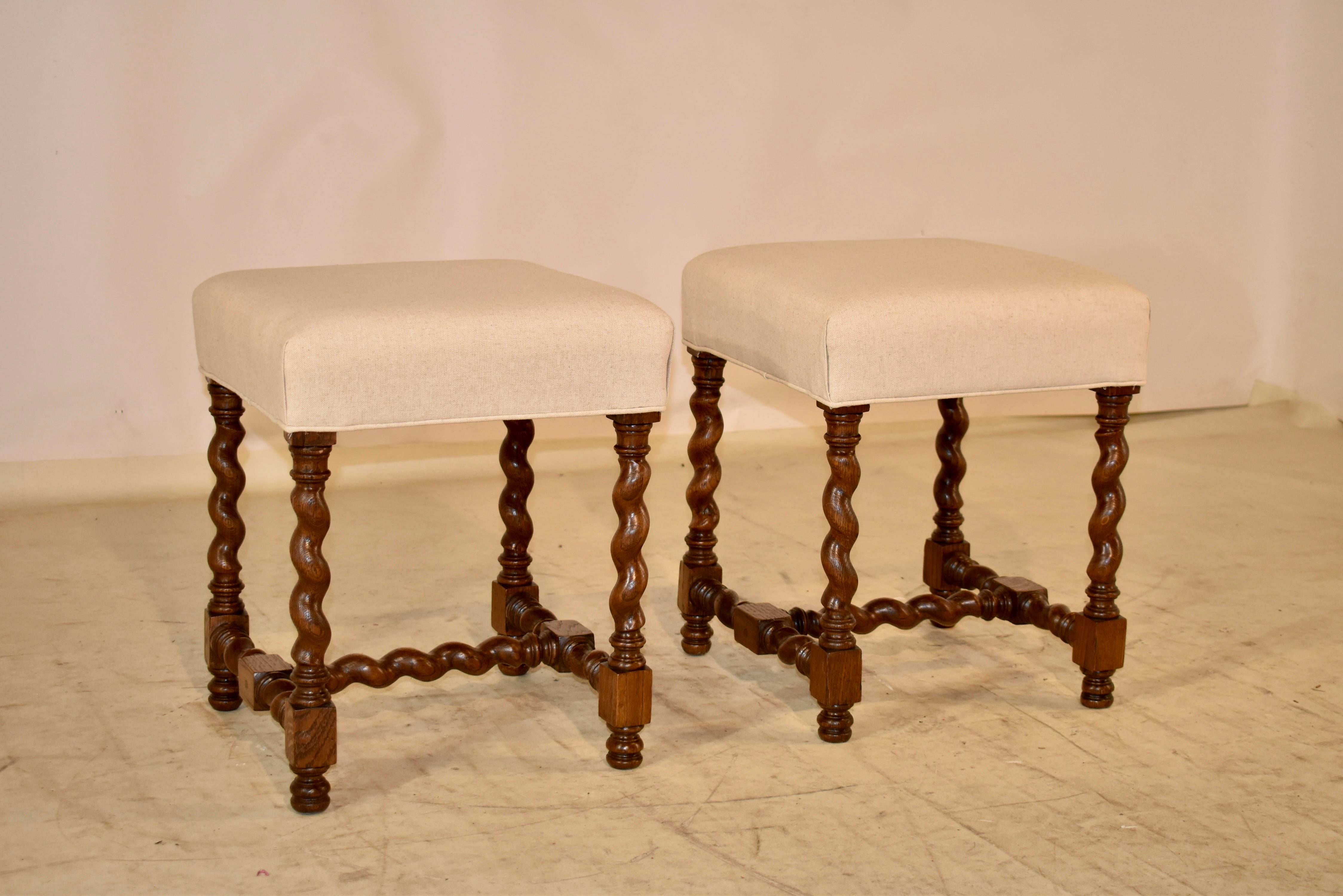 French Pair of 19th Century English Oak Upholstered Stools