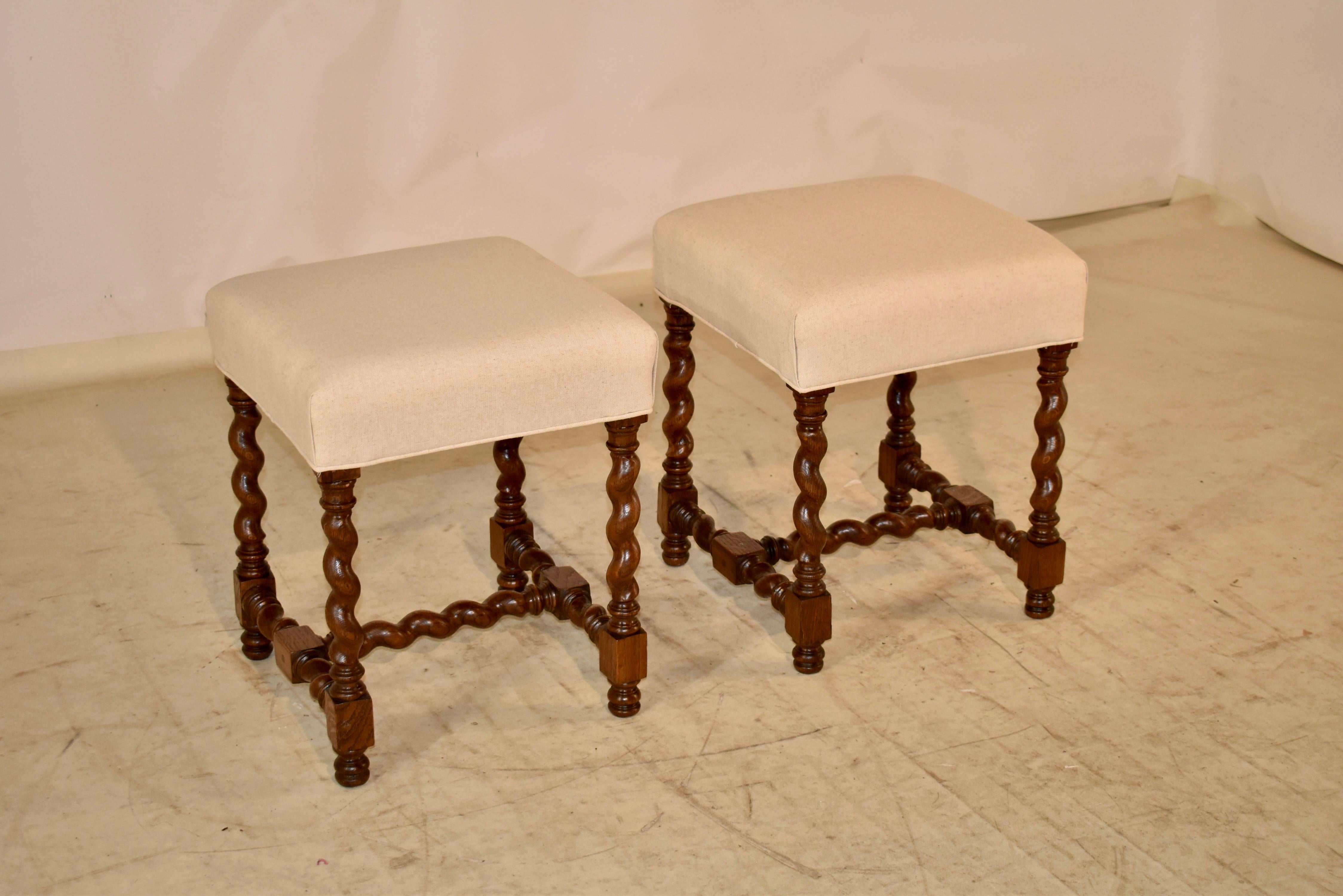 Pair of 19th Century English Oak Upholstered Stools In Good Condition In High Point, NC