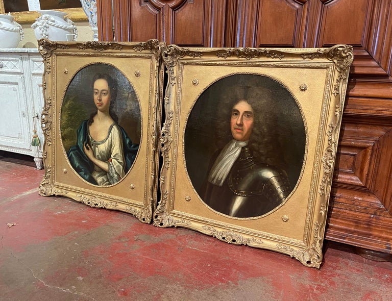 Pair of 19th Century English Oil on Canvas Portraits Paintings in Carved Frames For Sale 6
