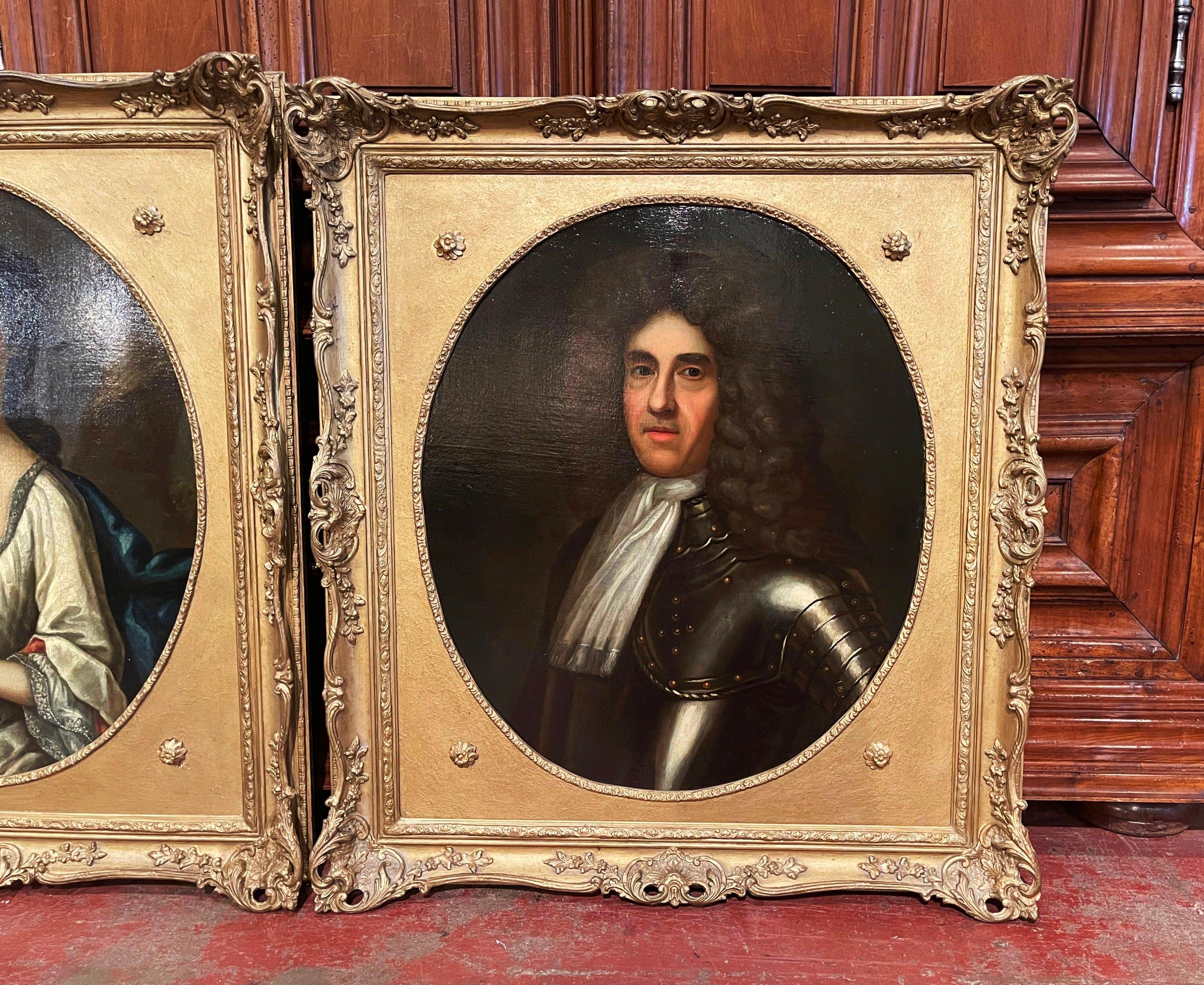 Baroque Pair of 19th Century English Oil on Canvas Portraits Paintings in Carved Frames For Sale
