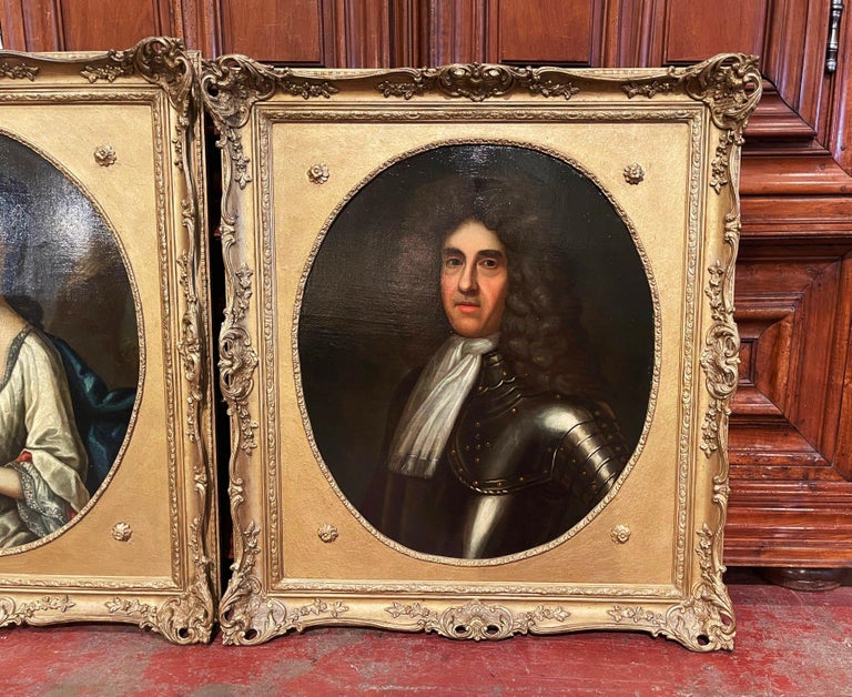 Hand-Carved Pair of 19th Century English Oil on Canvas Portraits Paintings in Carved Frames For Sale