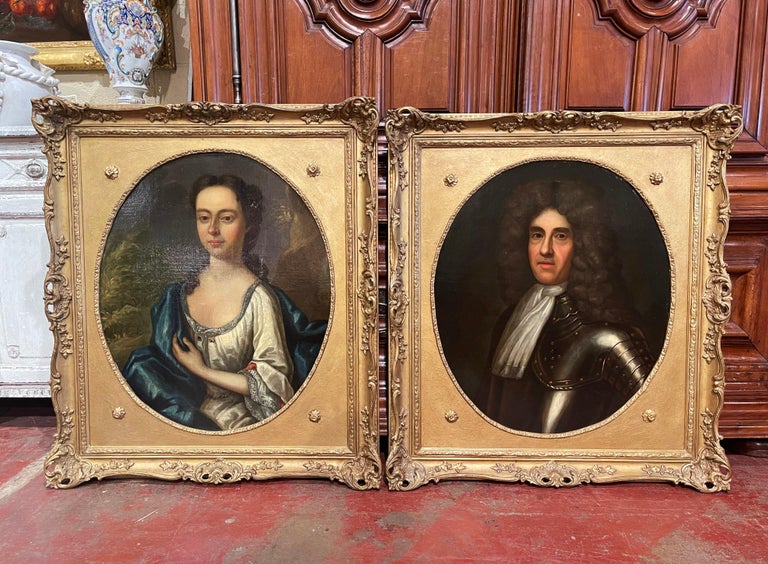 Pair of 19th Century English Oil on Canvas Portraits Paintings in Carved Frames For Sale 1
