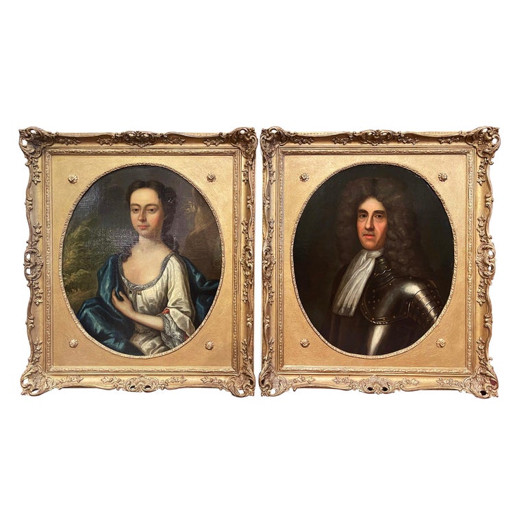 Pair of 19th Century English Oil on Canvas Portraits Paintings in Carved Frames For Sale