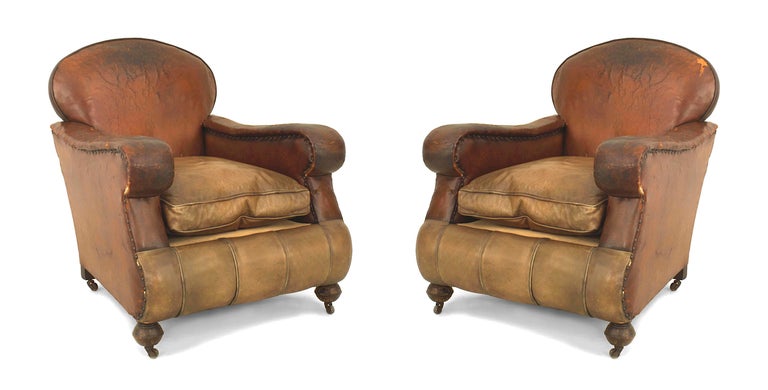 Pair of 19th Century English Oversized Brown Leather Club Chairs at 1stDibs