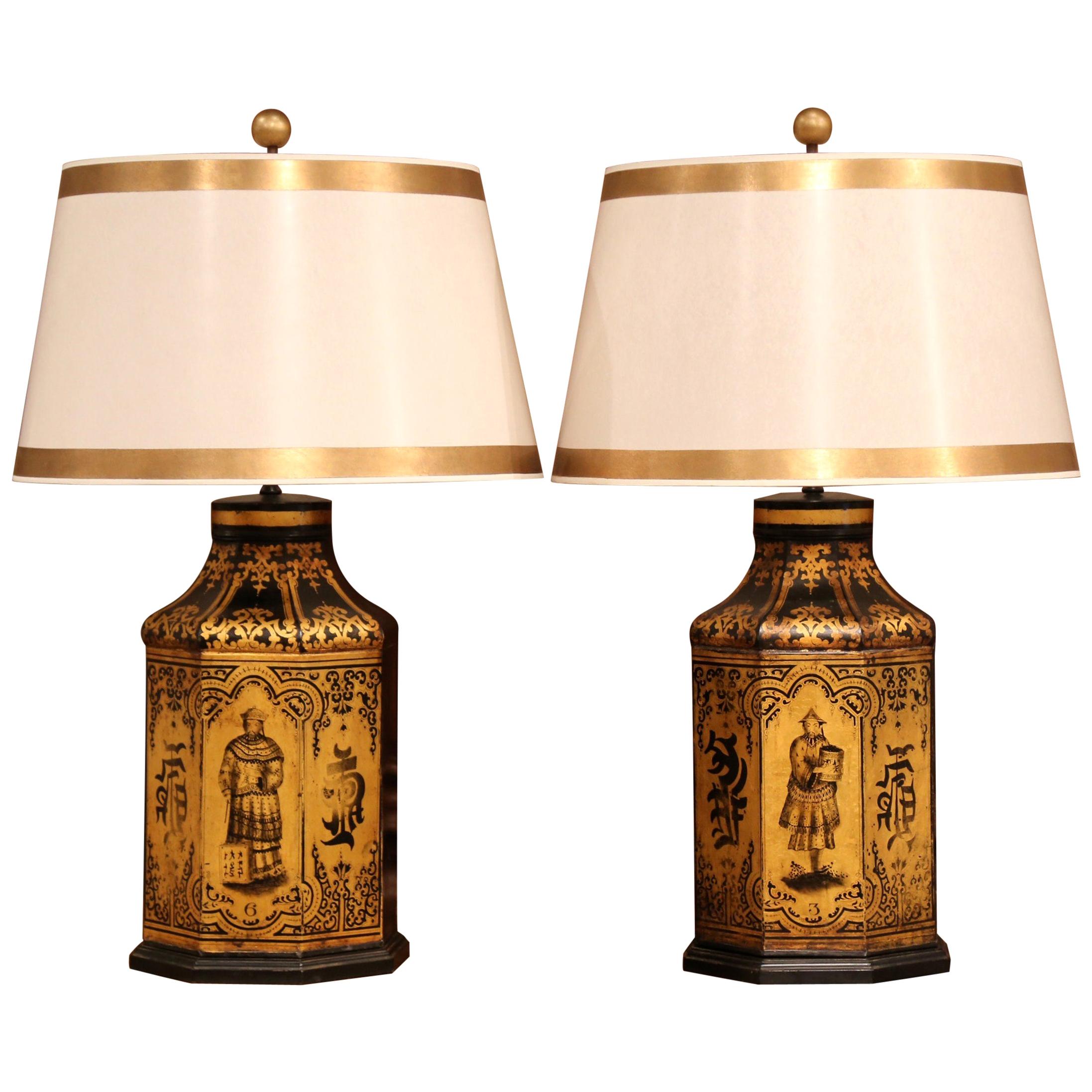 Pair of 19th Century English Painted and Gilt Tole Tea Canisters Table Lamps