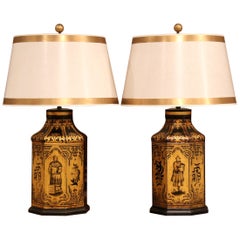 Pair of 19th Century English Painted and Gilt Tole Tea Canisters Table Lamps